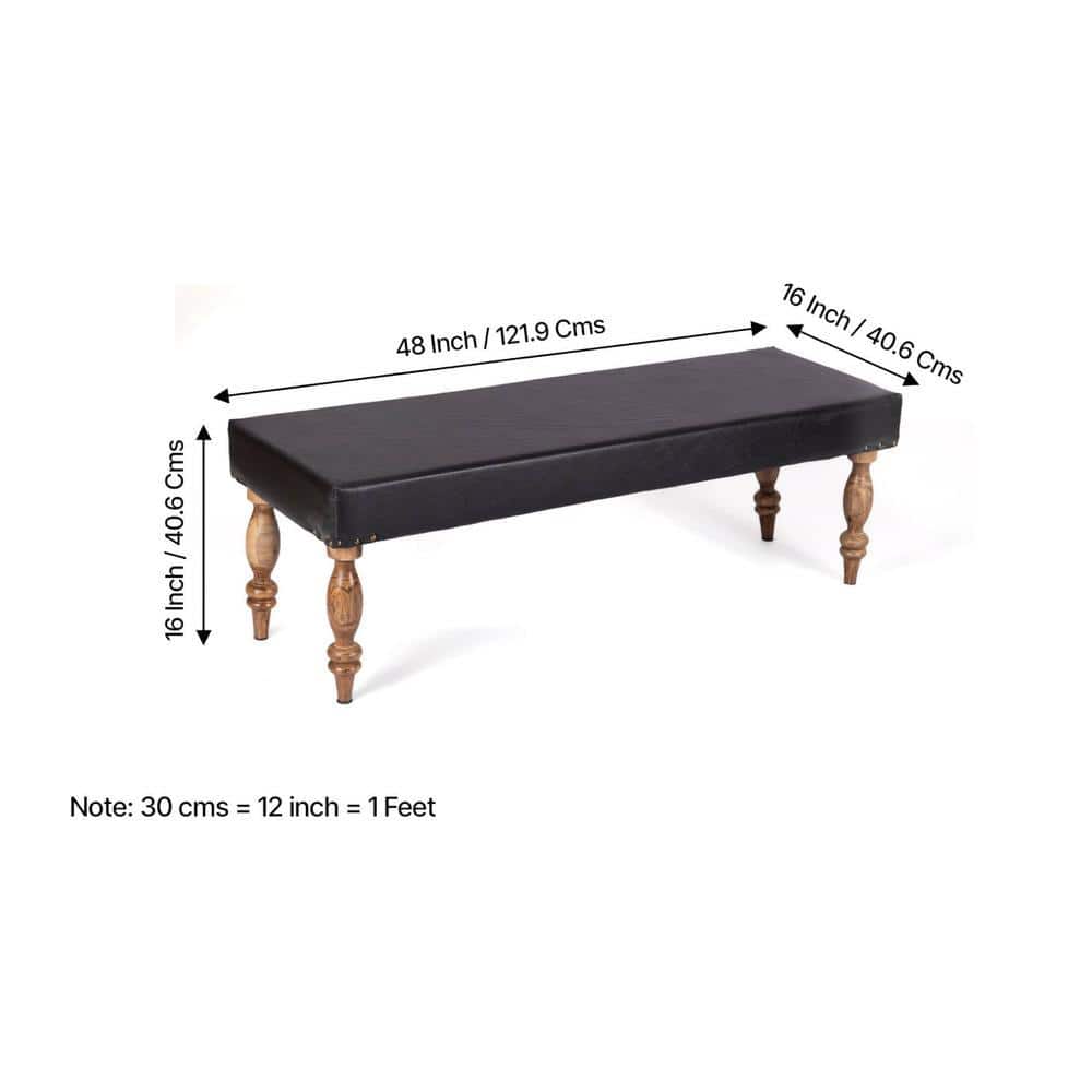 Cairo Sheesham Wood Accent 3 Seater Bench In Black Leatherite