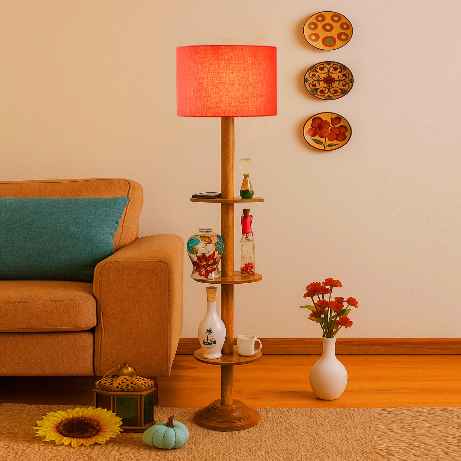 Devansh Shelf Wooden Floor Lamp