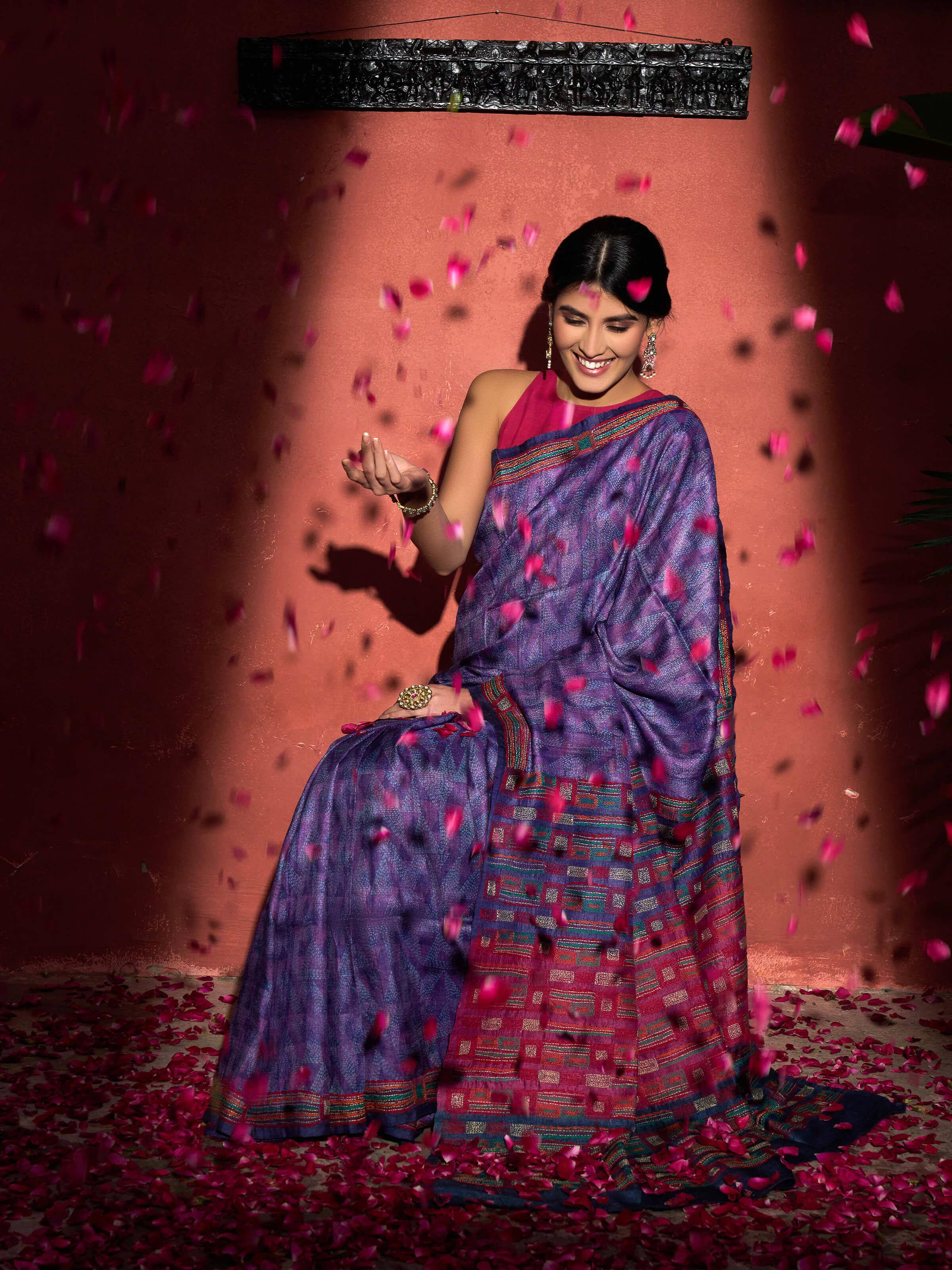 Purple Tussar Silk Discharge Block Printed Kantha Embroidered Saree