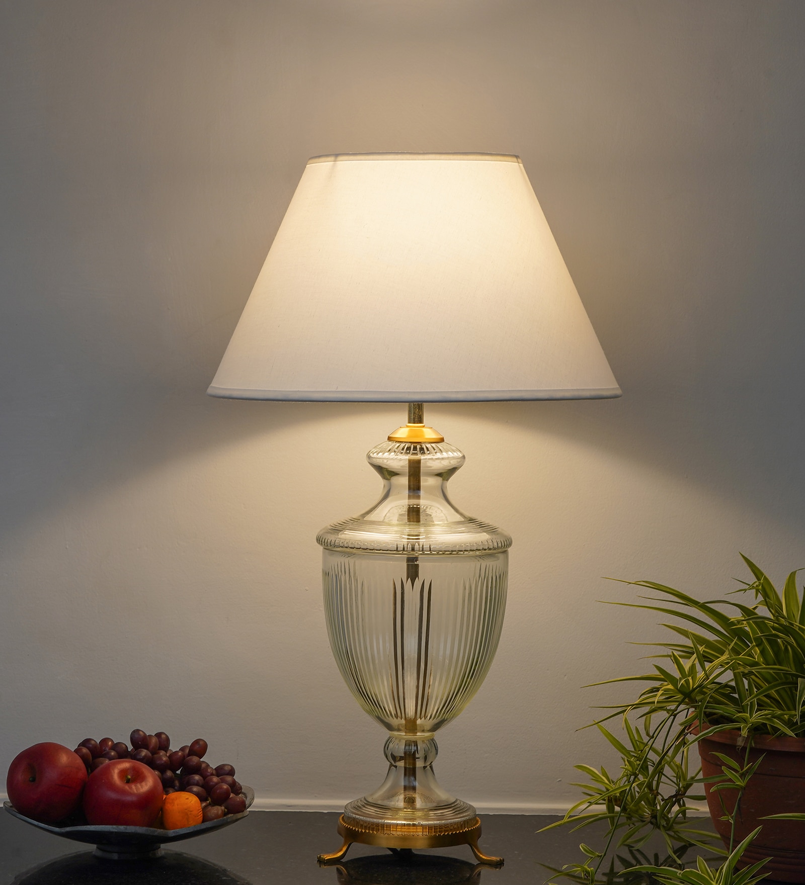 Mystic Hand Cut Rippled Glass And Brass Casted Metal Table Lamp With White Cotton Shade