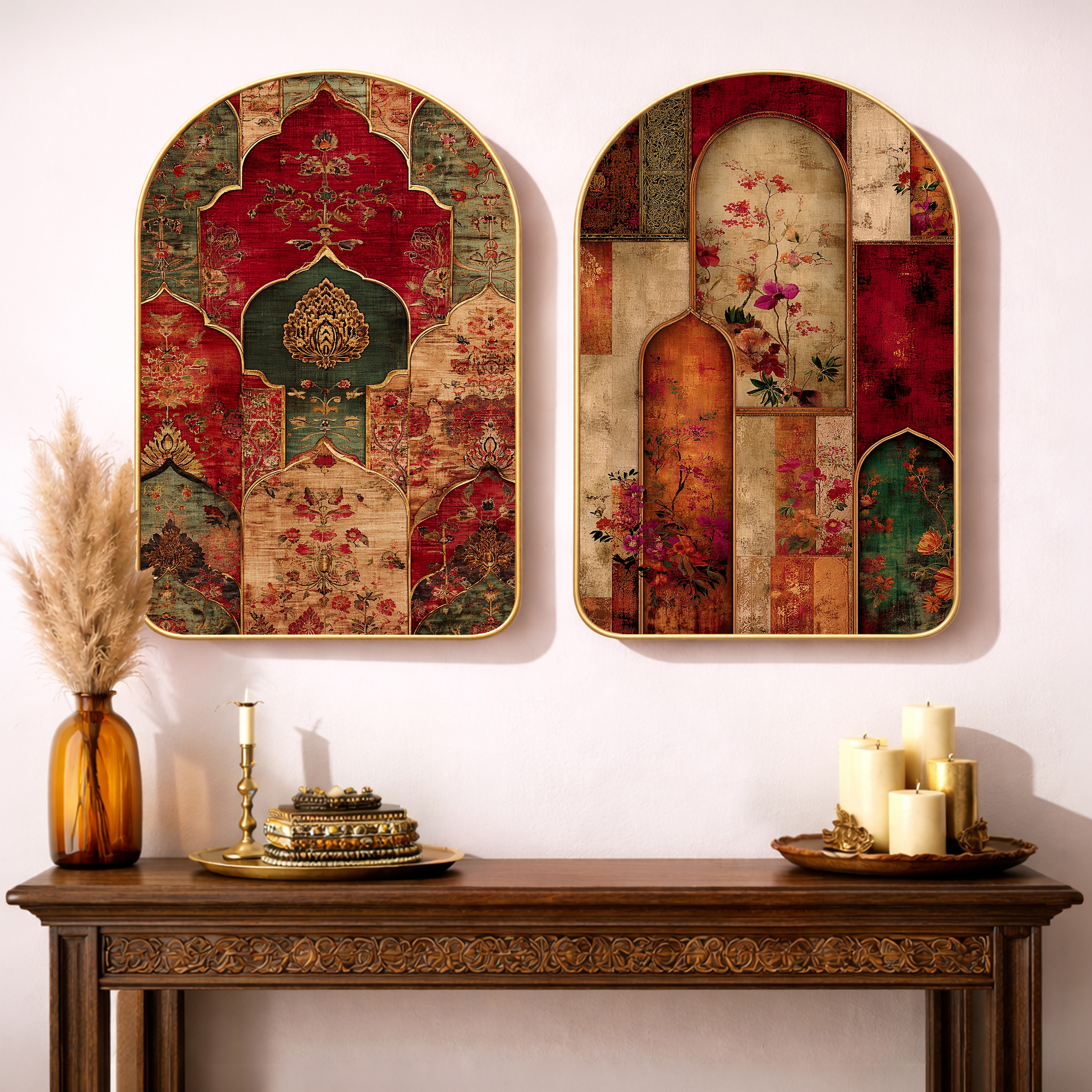 Mughal Architecture Floral Wall Art Painting Set of 2 with Gold Frame 16 x 24 Inch - Art Street