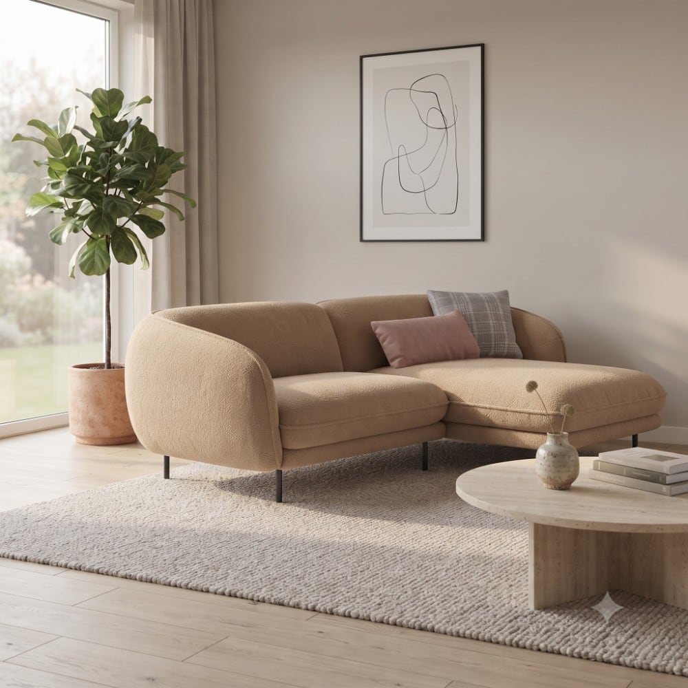 Verona 3 Seater L Shape Sofa Right Chaise with Accent Pillows Beige