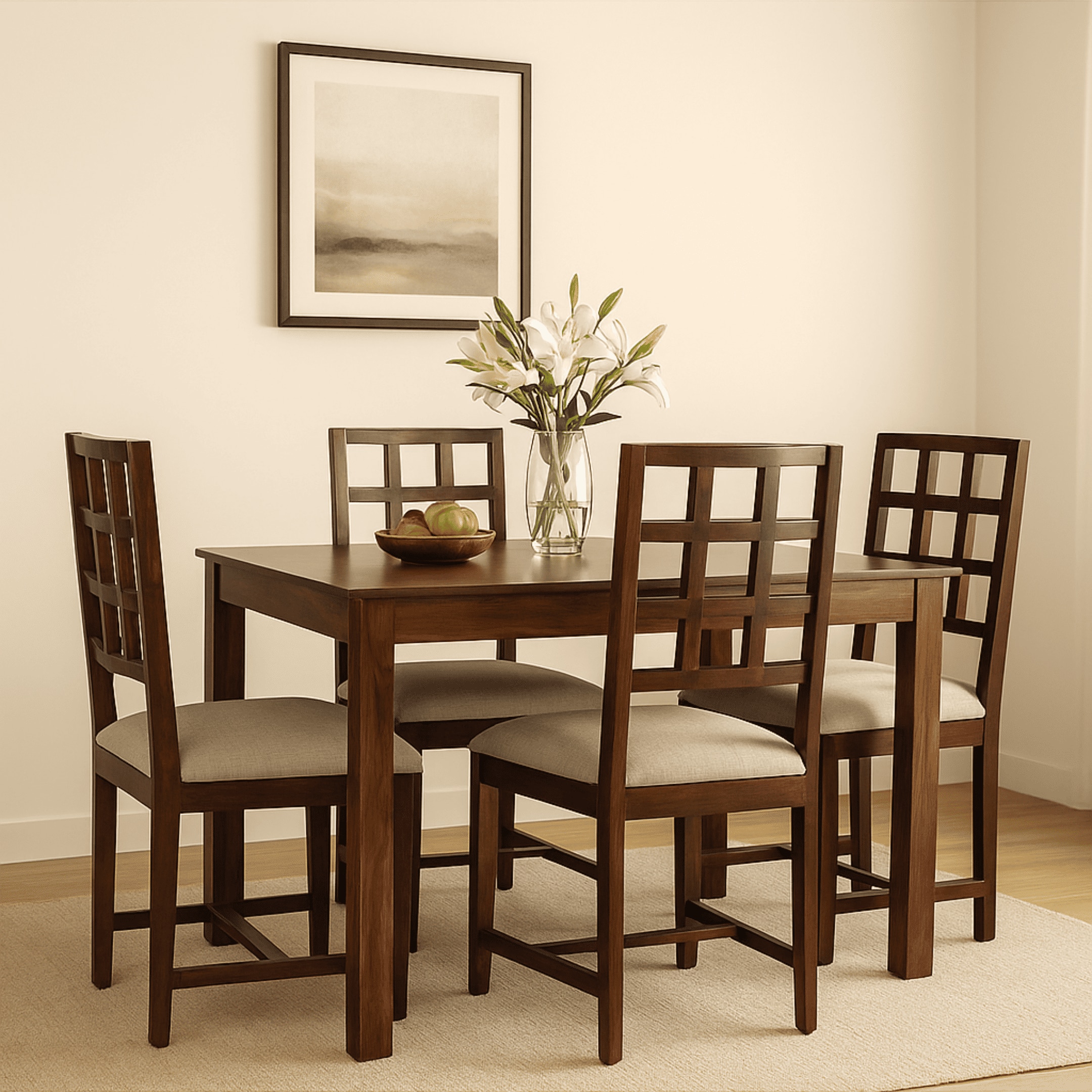Globally Indian Sheesham Wood 4 Seater Dining Table Set With 4 Seater  Cushioned Chairs - Block Backrest