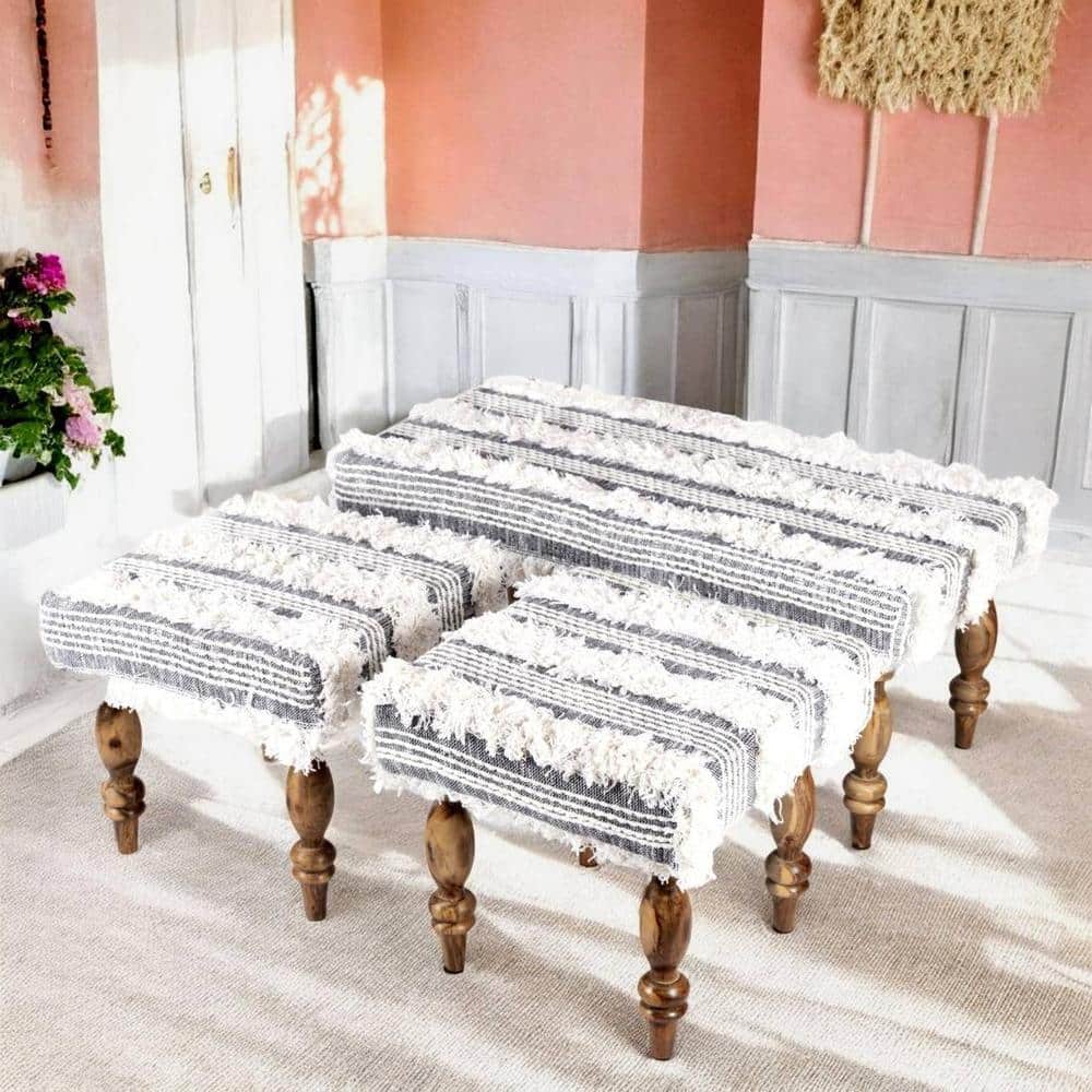 Bestone Sheesham Wood Mid Century Seater Bench Set  2 Stools In Grey Fabric