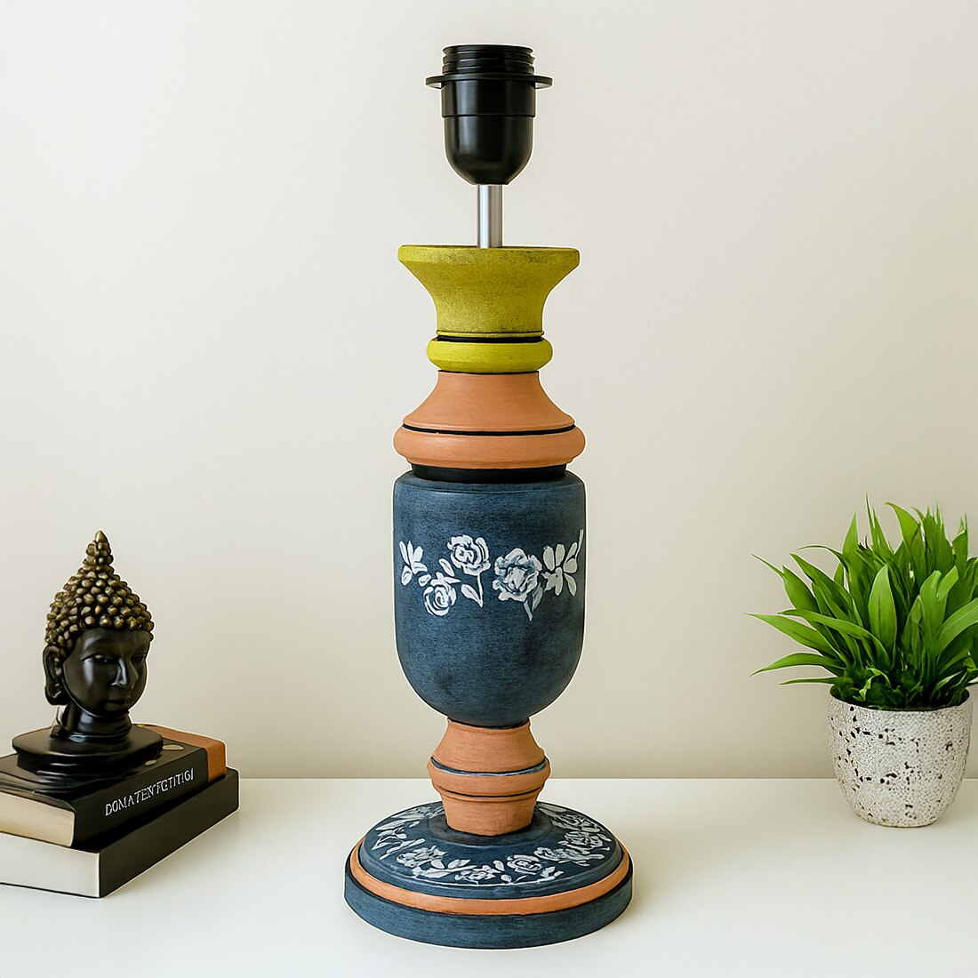 Multicolor Stone Finish Handpainted And Hancarved Distress Wooden Table Lamp