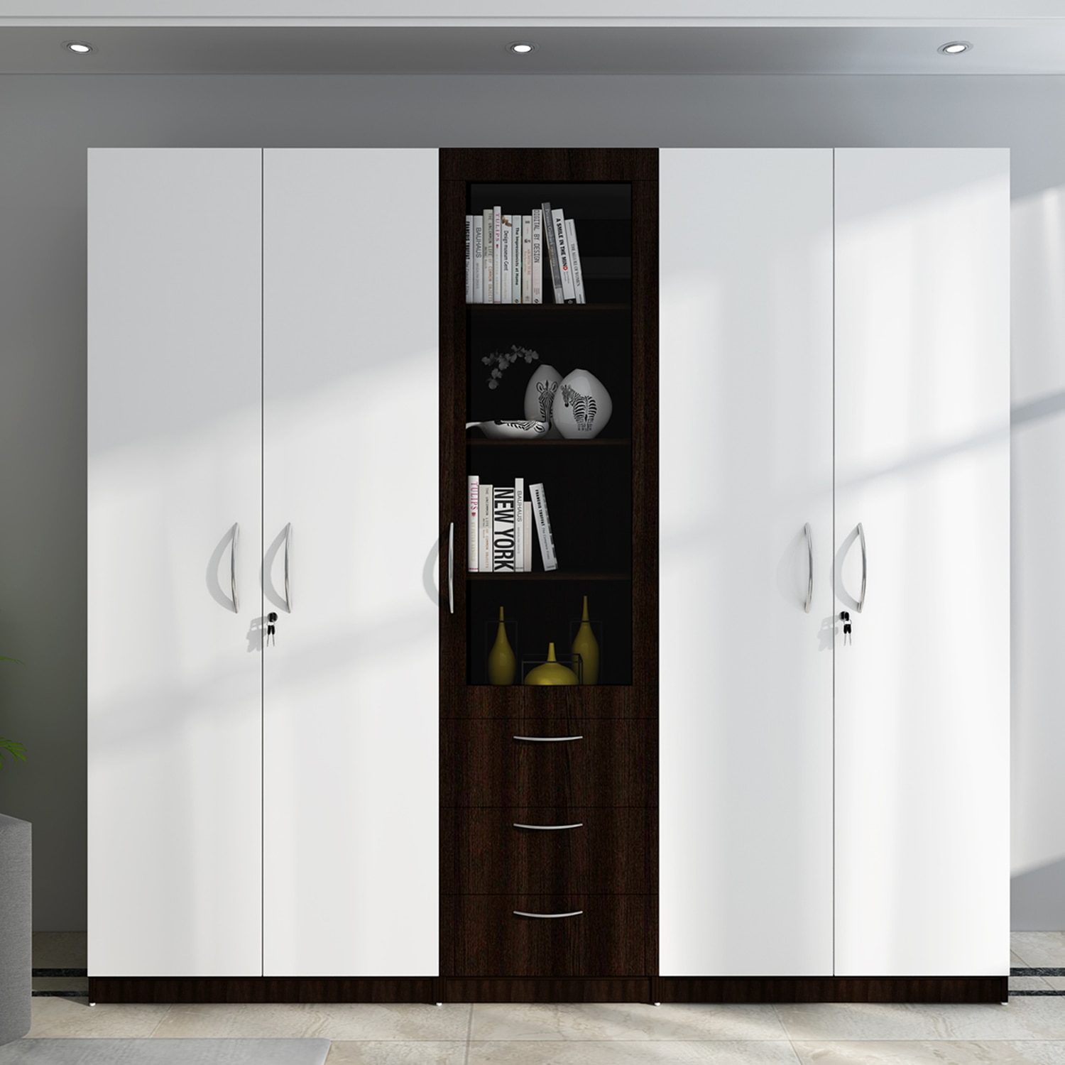 Tometrove Wardrobe Cum Bookcase Frosty White And Wenge - Woodbuzz
