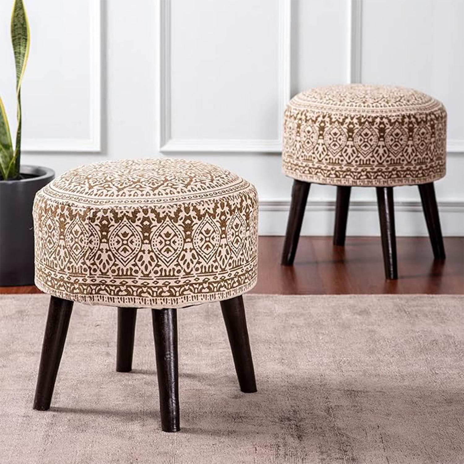 Botanic Fabric Wooden Ottoman in Yellow Color Set of 2 - Nestroots