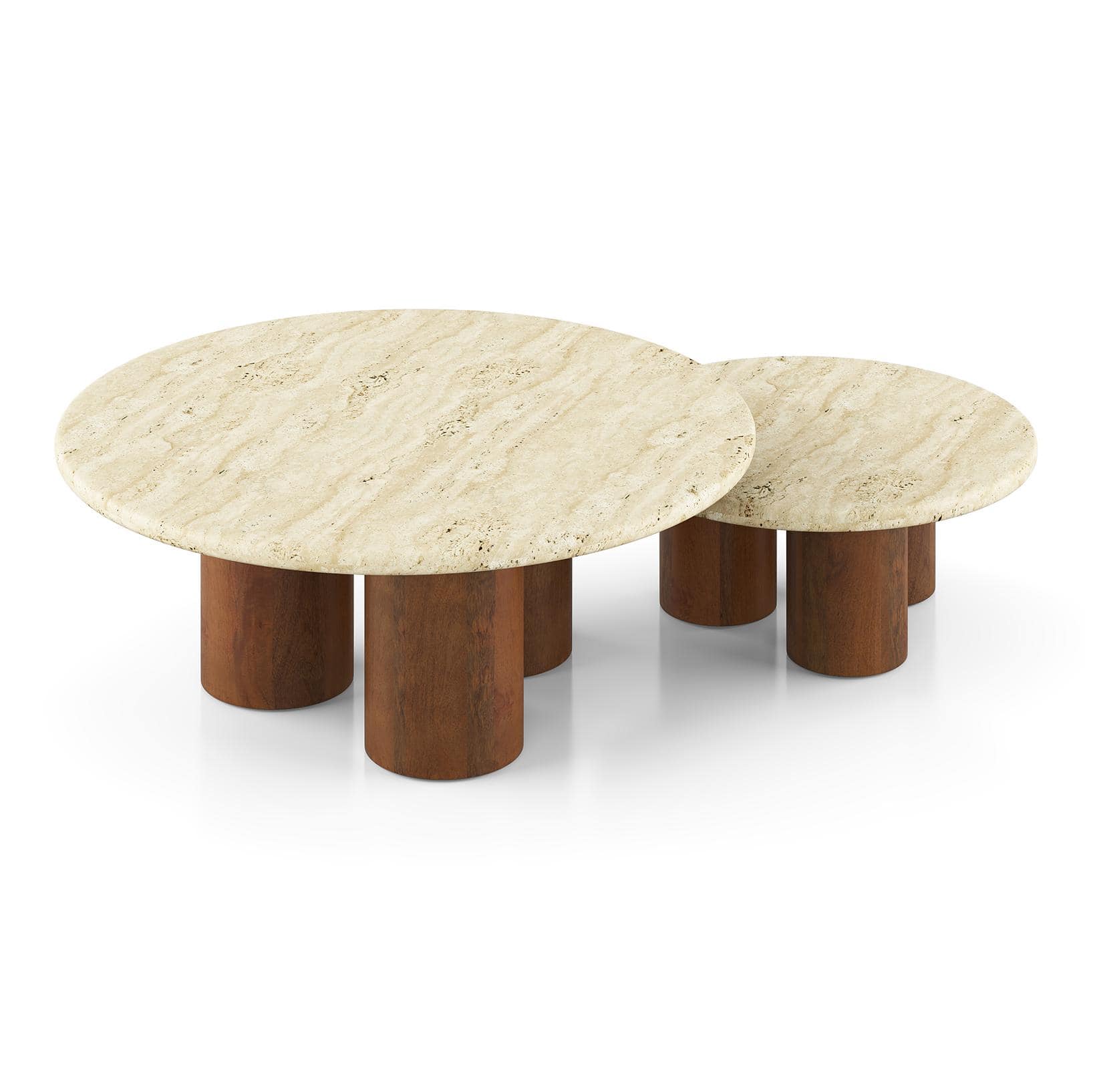 Enzo Nested Round Coffee Table In Travertine Marble And Solid Wood In Amber Walnut Finish