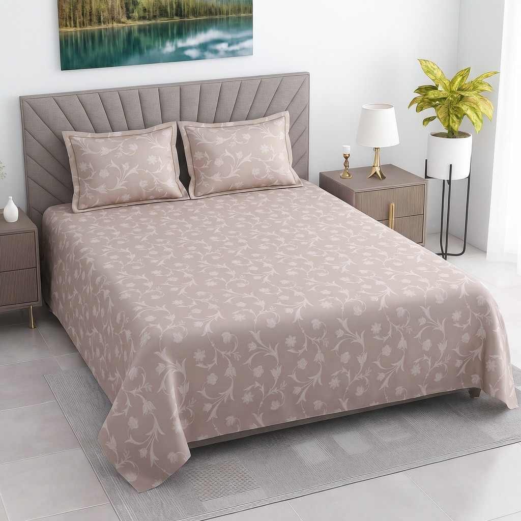 Vine Shade Floral Cotton 400 Tc Flat Super King Size Bedsheet With 2 Pillow Covers - Threads