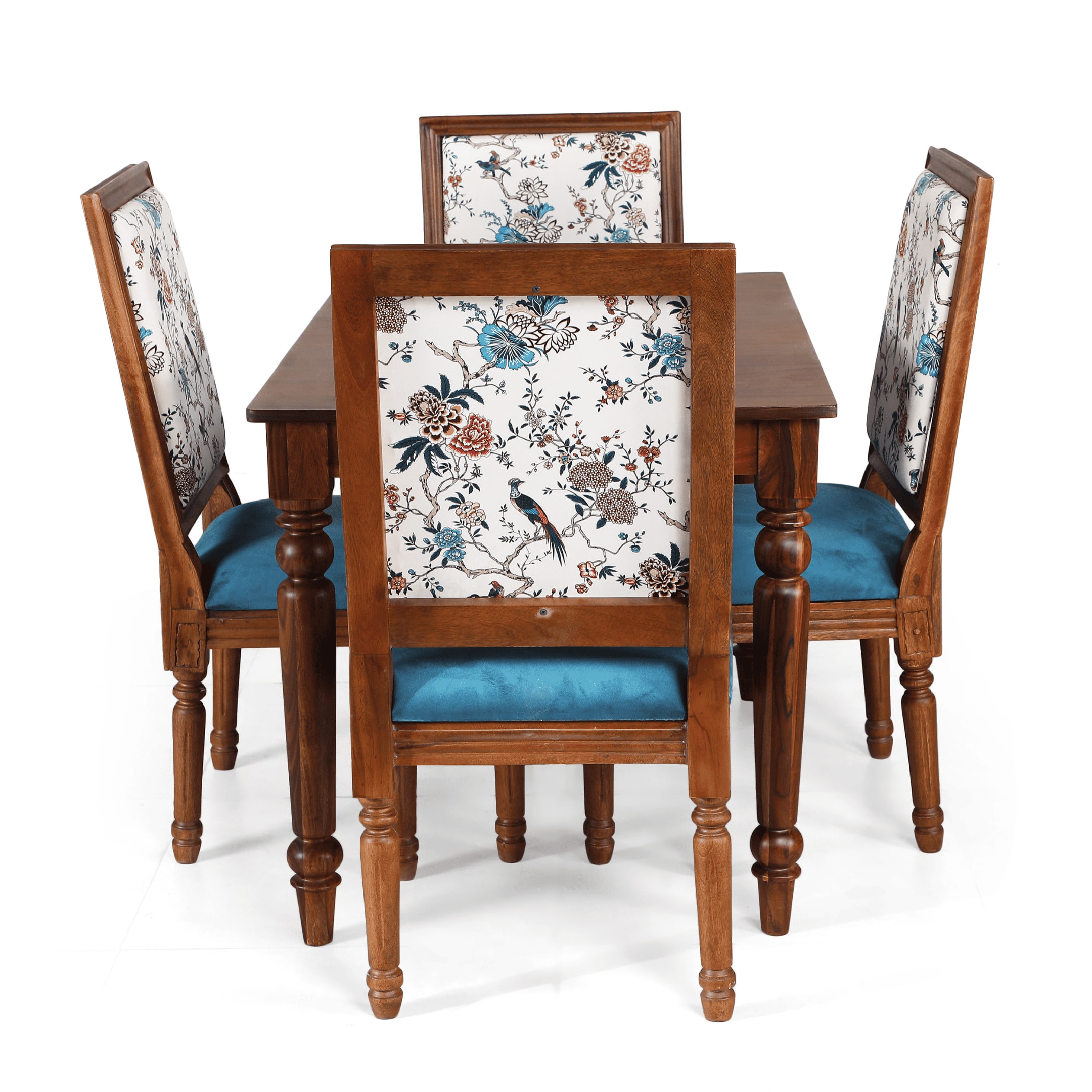 Globally Indian Sheesham Wood 4 Turning Leg Seater Dining Table Set With Upholstered Chairs – Wooden Dining Room Furniture For Home"