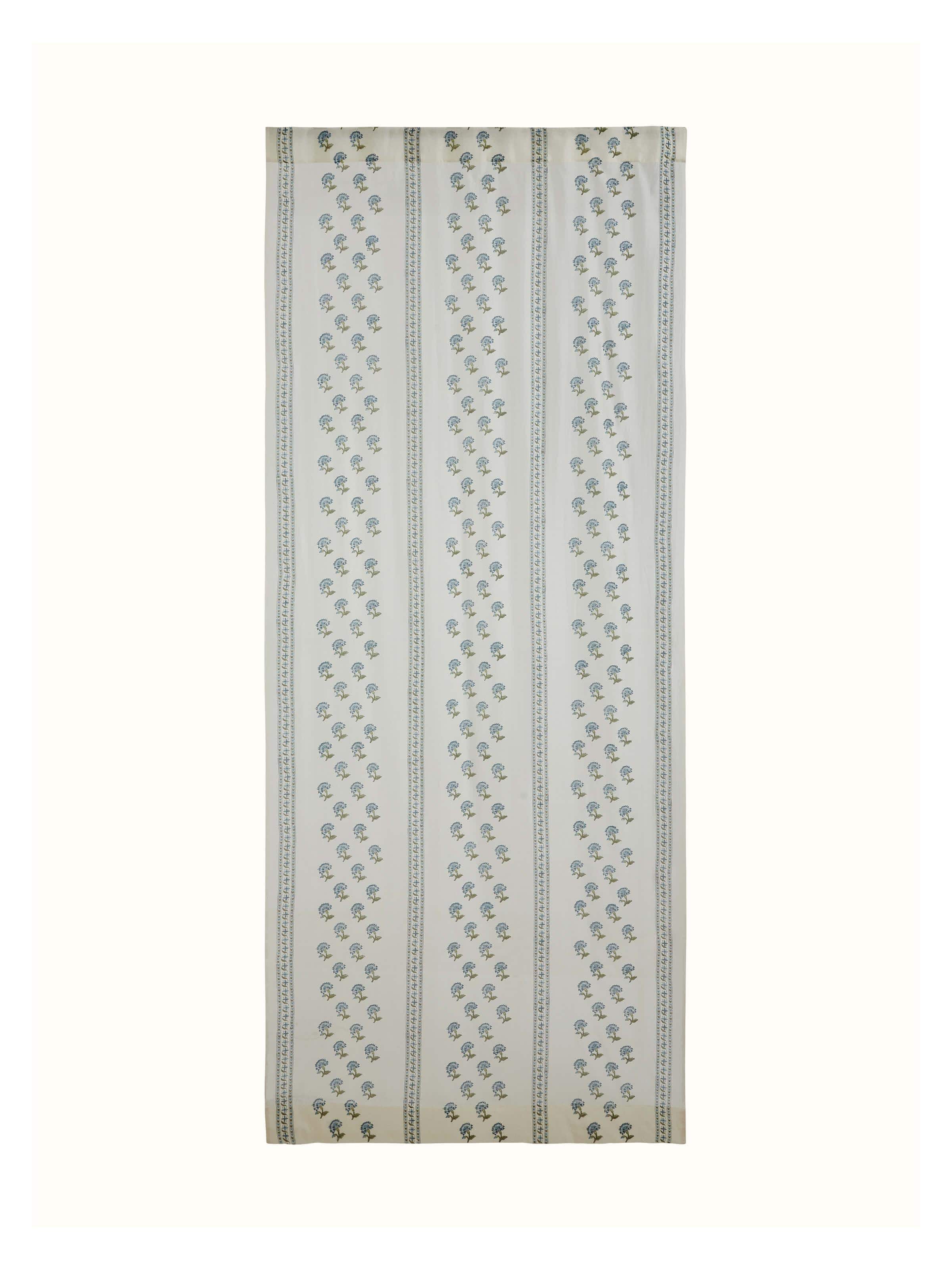 Full front view of Aaarunya Blue Floral Curtain in cotton silk, featuring traditional Sanganeri block print.