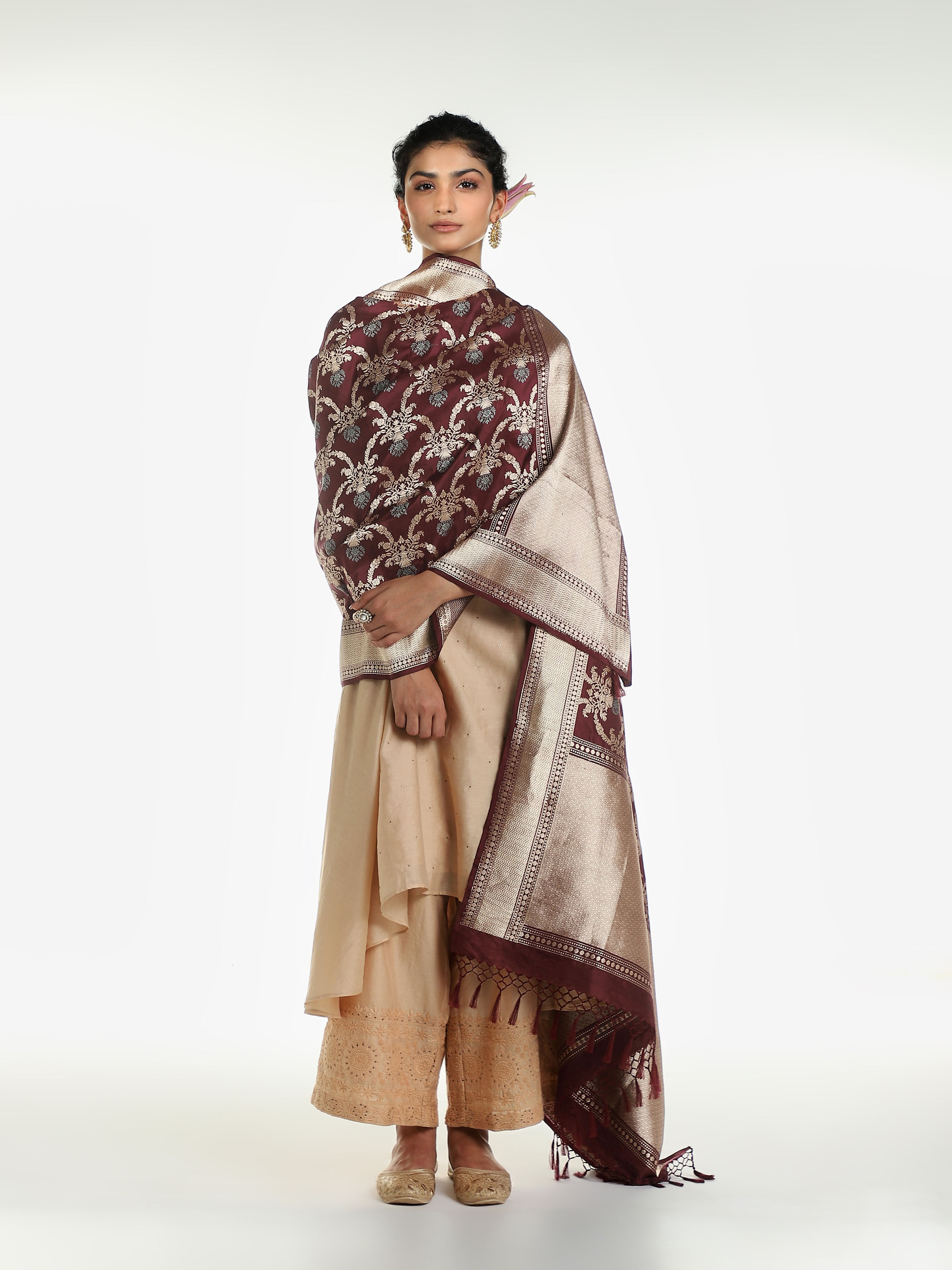 Side view of brown silk Banarasi dupatta showing intricate zari work