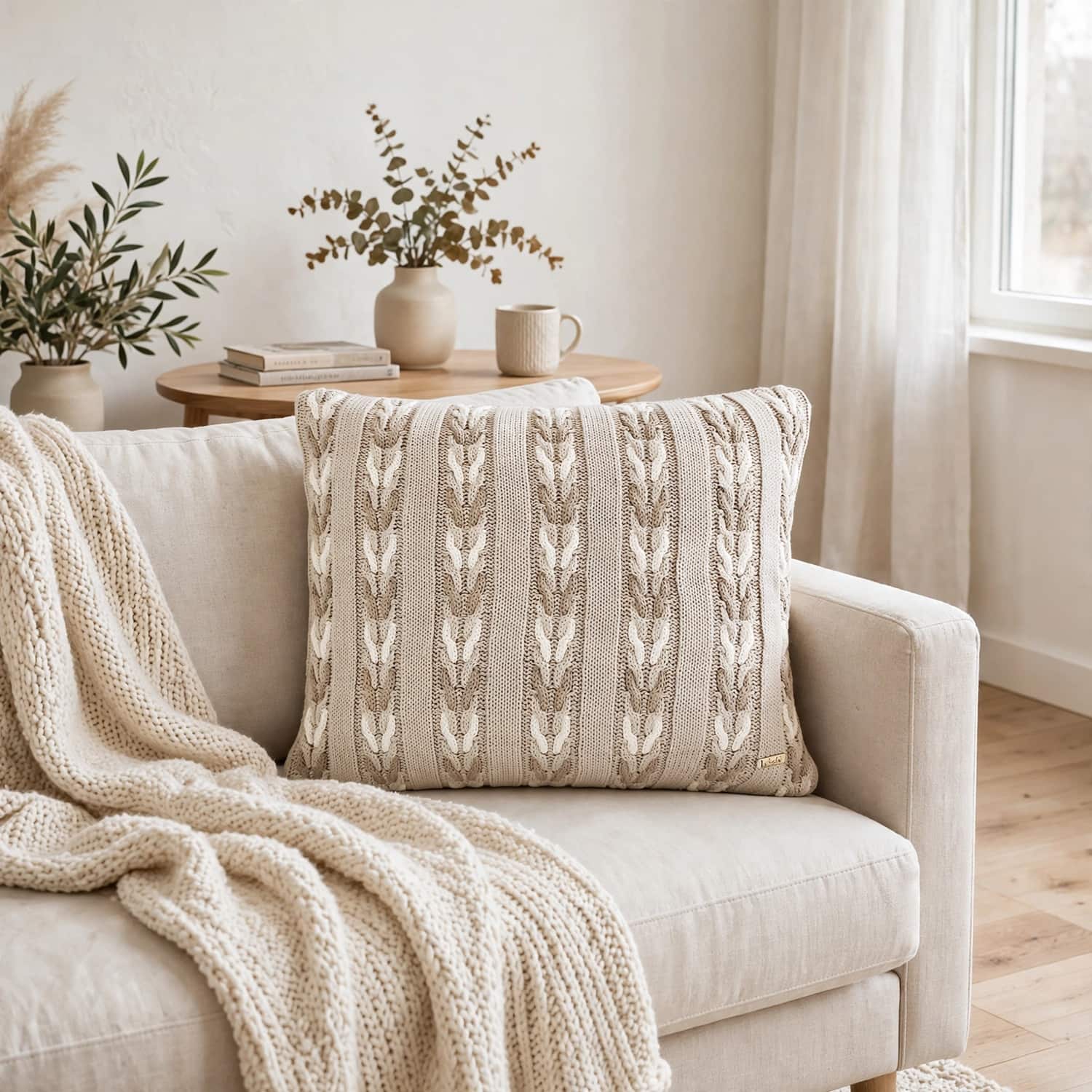 Margot Stone Combo Cotton Knitted Decorative Cushion Cover 16 x 16 Inches - Pluchi