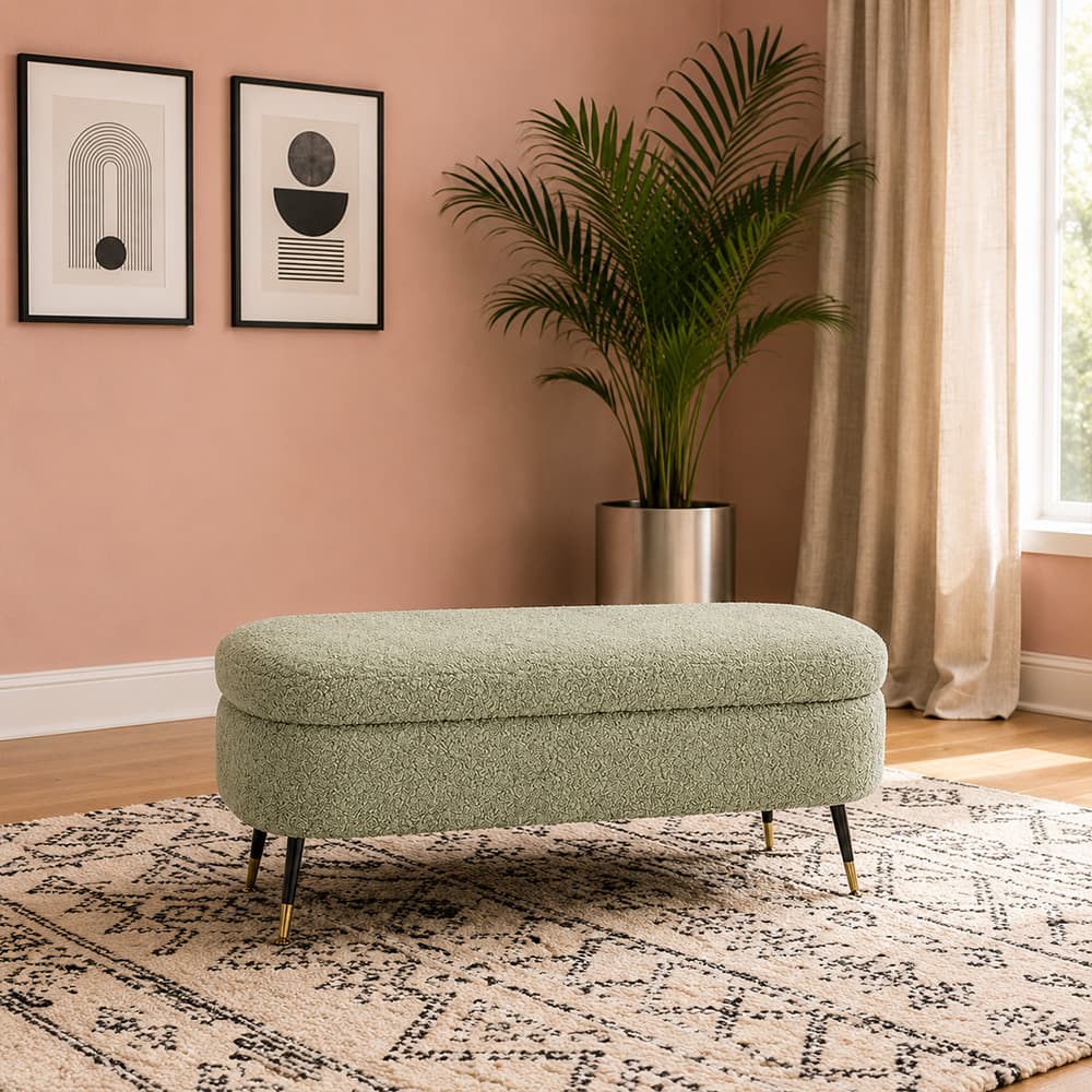 Doe Buck Luxury Boucle Storage Bench in Sage Colour with Gold Tipped Legs - Doe Buck