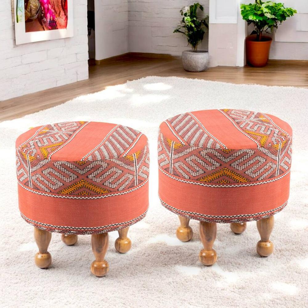 Louisville Acacia Wood Parisian Round Set of 2 Pouf Stools in Red Jacquard