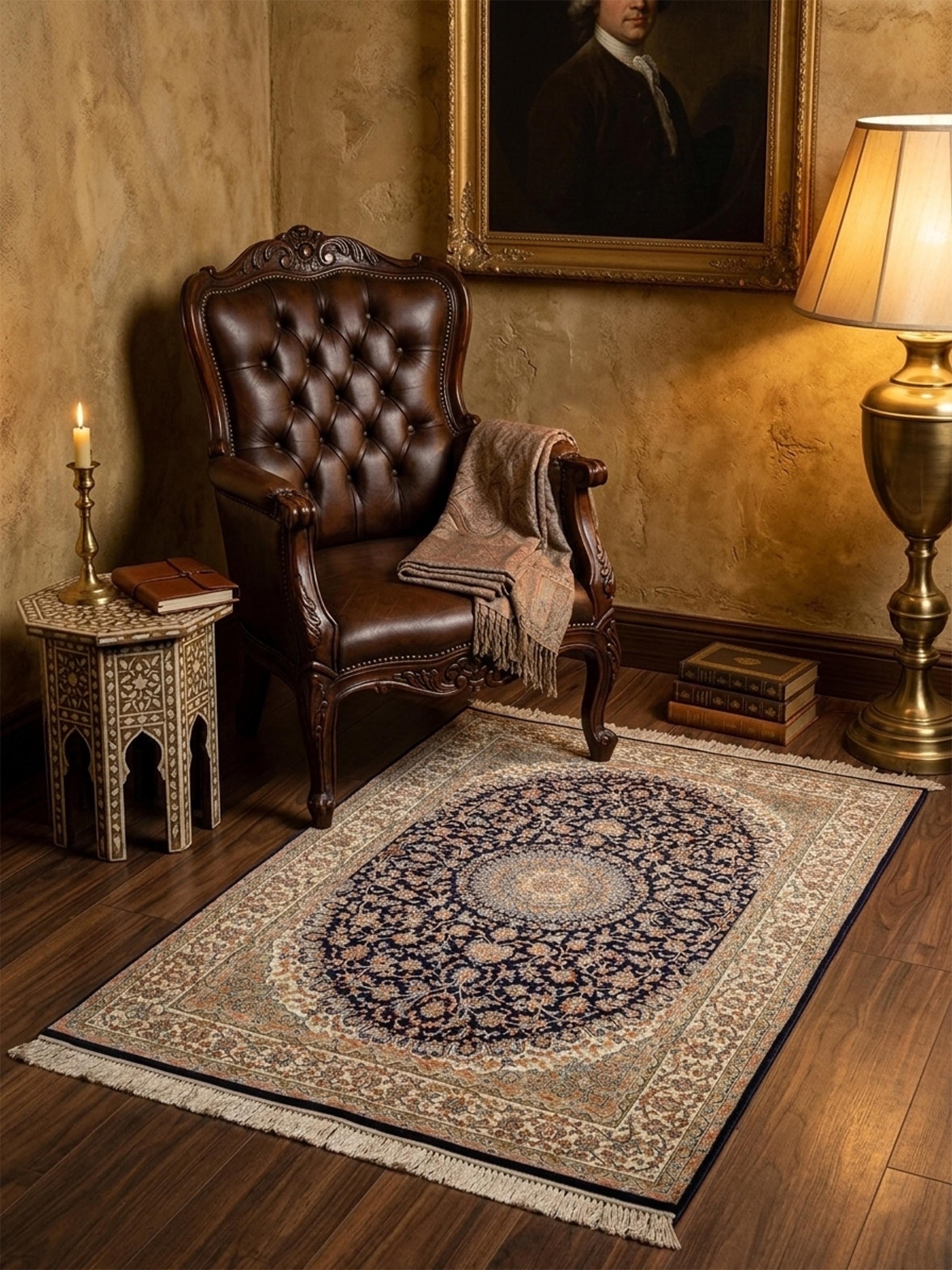 Traditional Persian Navy Ivory Isfahan Kashmir Silk Hand-Knotted Carpet