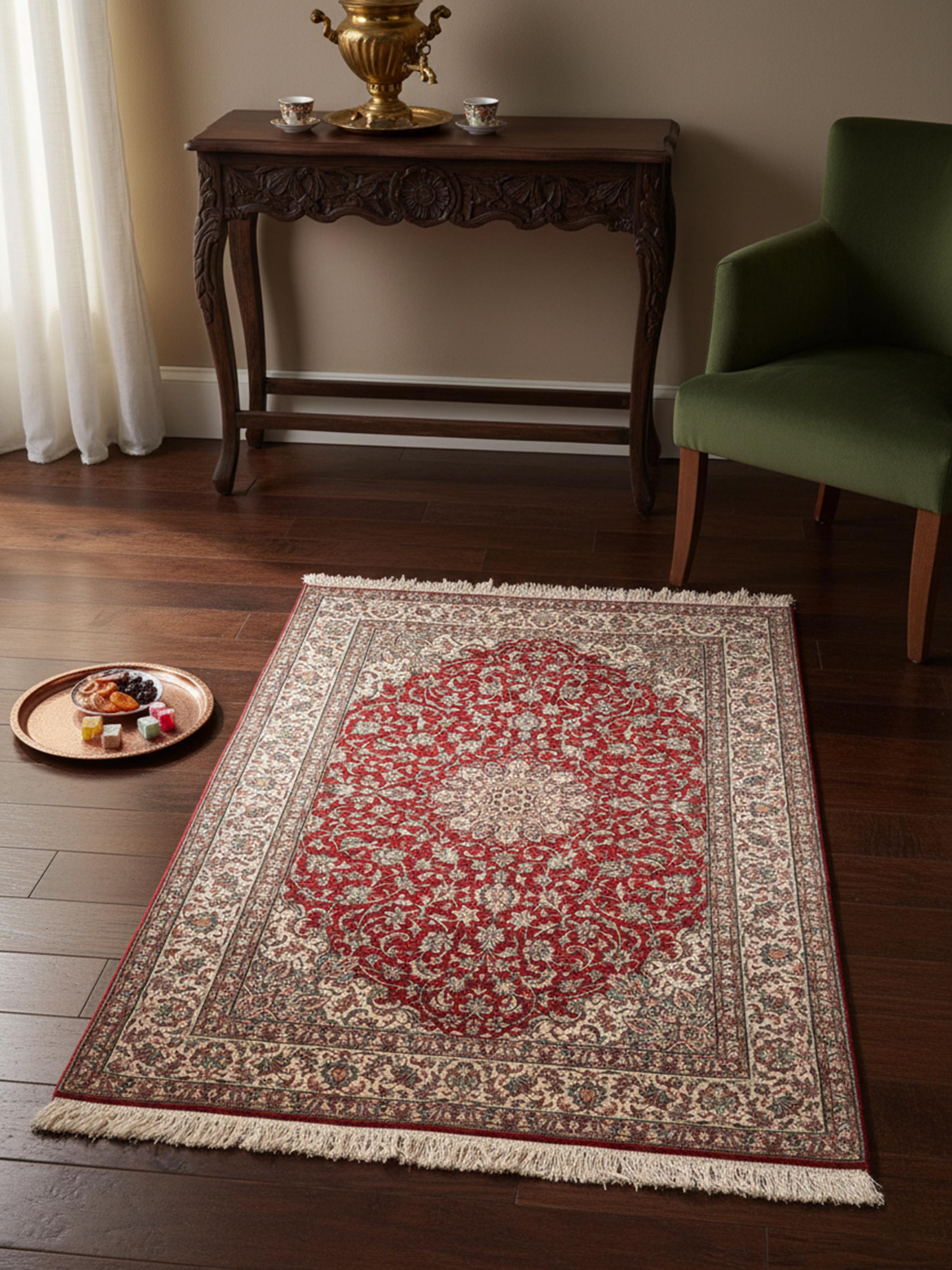Traditional Persian red Kashan Kashmir silk hand-knotted carpet in living room setting – Swadesh