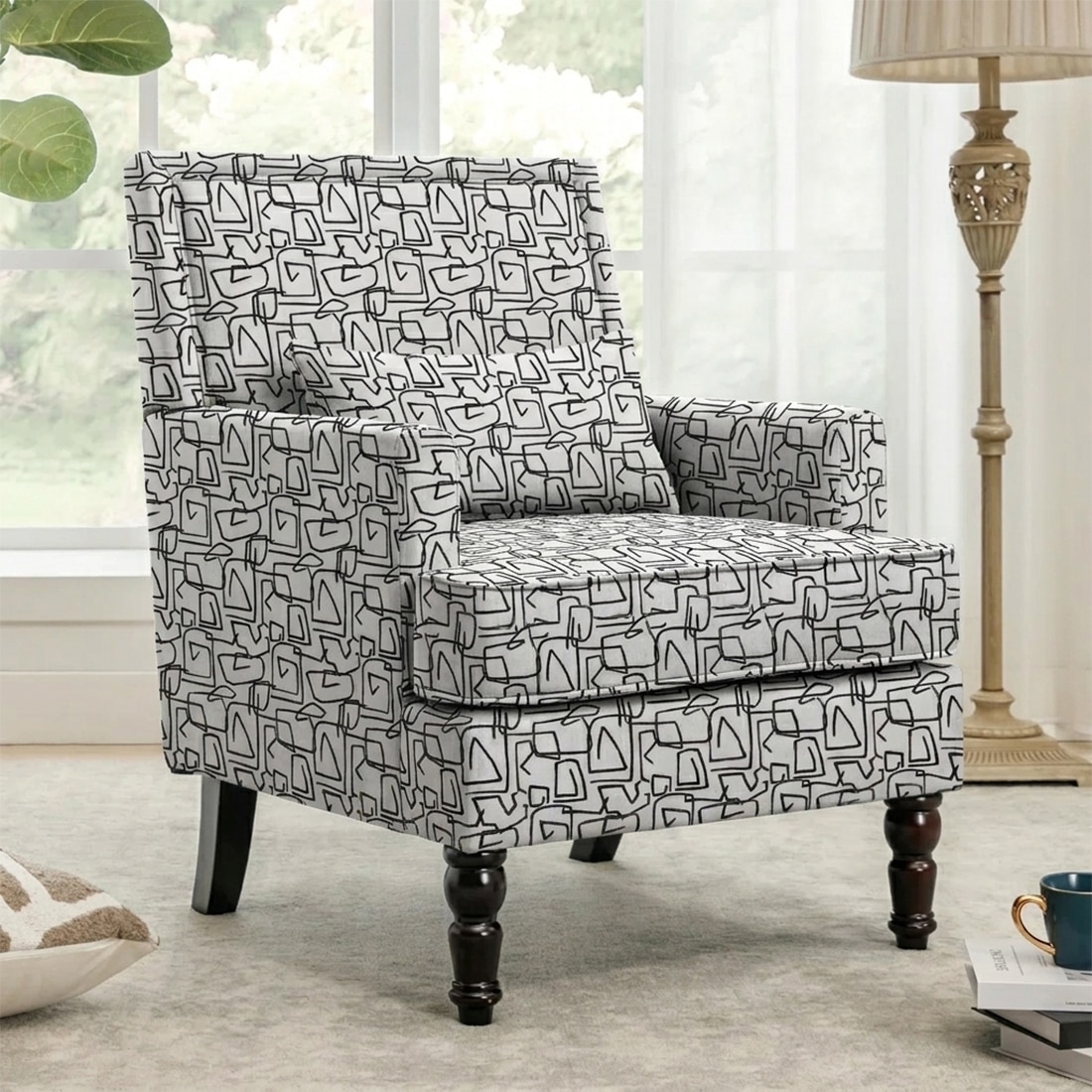 Lark Printed Canvas Geometry Fabric Lounge Chair in White Colour