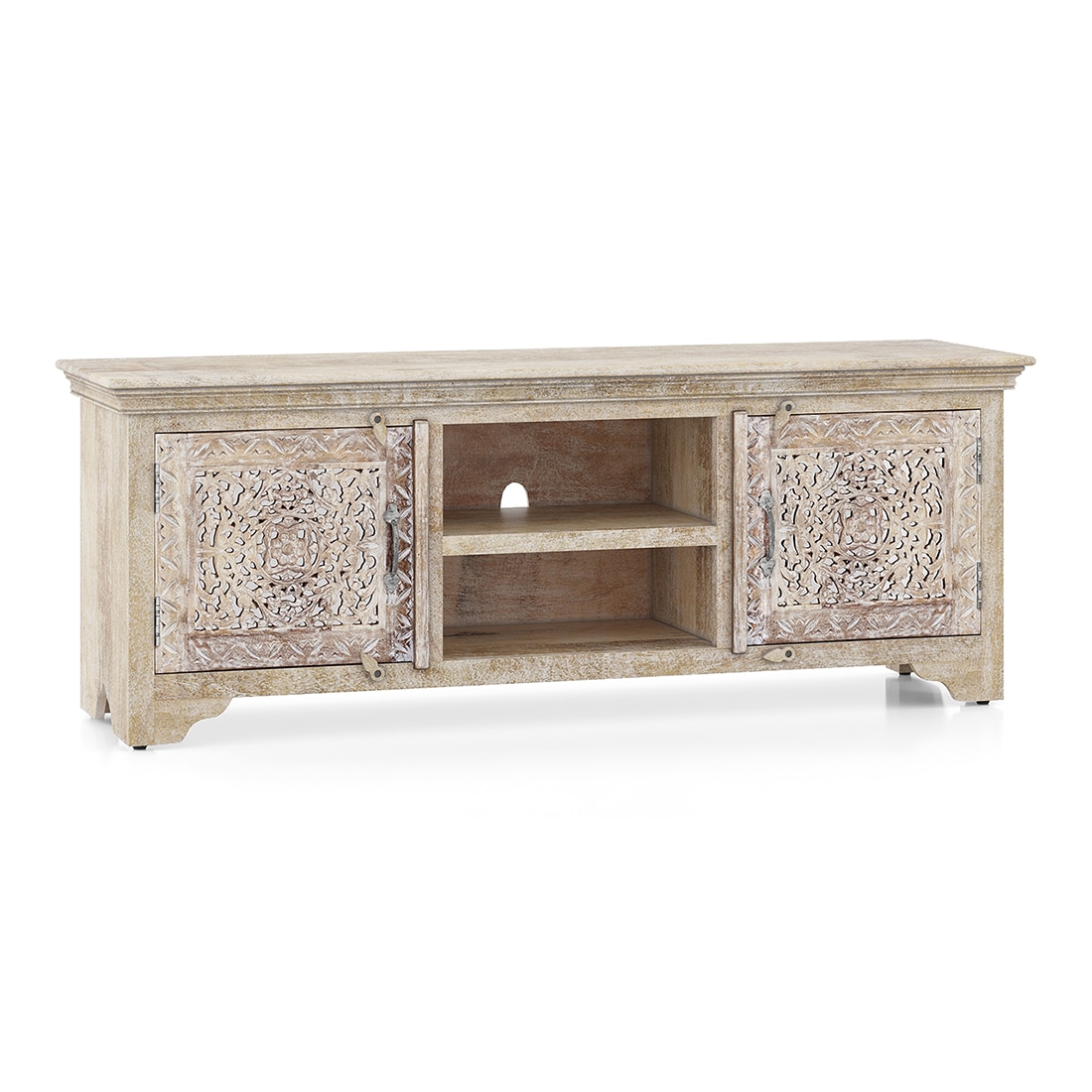 Anokhi Solid Wood Free Standing TV Unit In Rustic White Finish