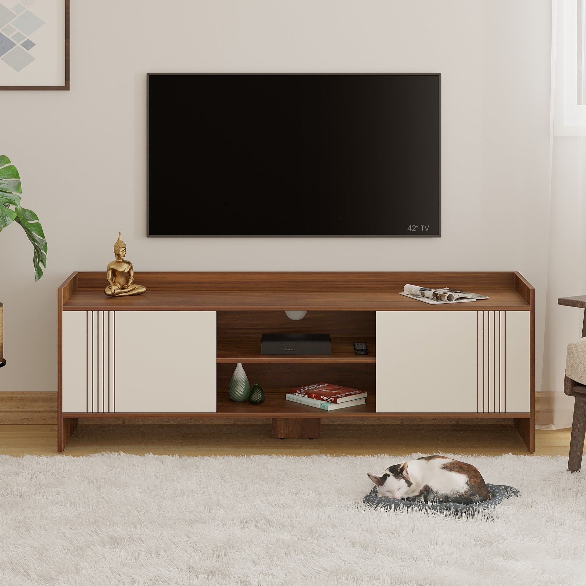 BLUEWUD Charley Engineering Wood Floor Standing TV Entertainment Unit Set Top Box Stand/TV Cabinet Panel with Shelves for Books & D�cor Display Unit Bed Living Room Upto 50" (Brown Maple & White)