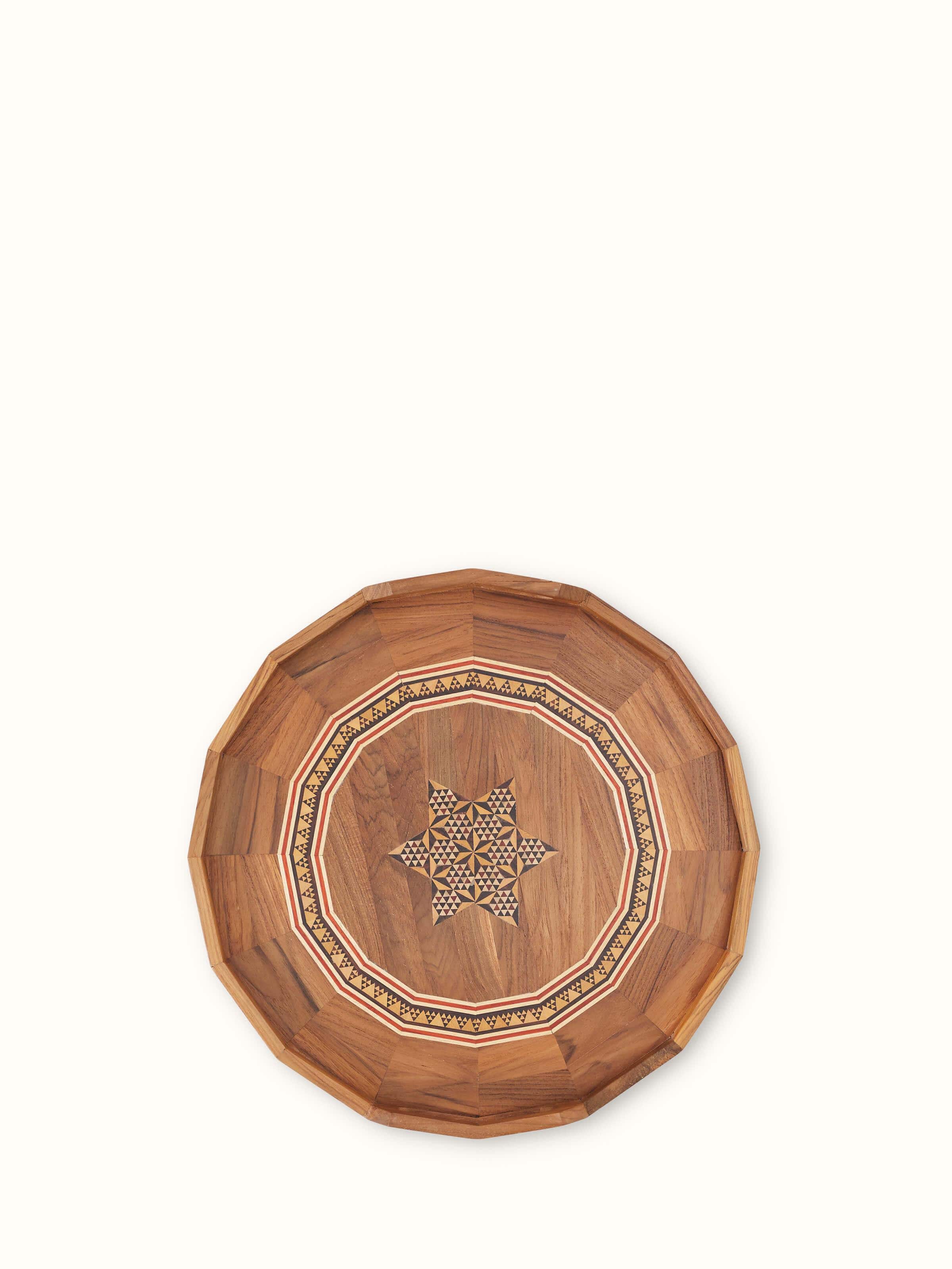 Angled view of Marquetry wood & MDF serving tray (12 x 12 inches) highlighting the craftsmanship and elegant design
