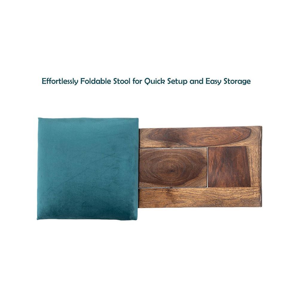 Dayton Sheesham Wood Accent Square Set of 2   Stools in Turquoise Sea Velvet Upholstery