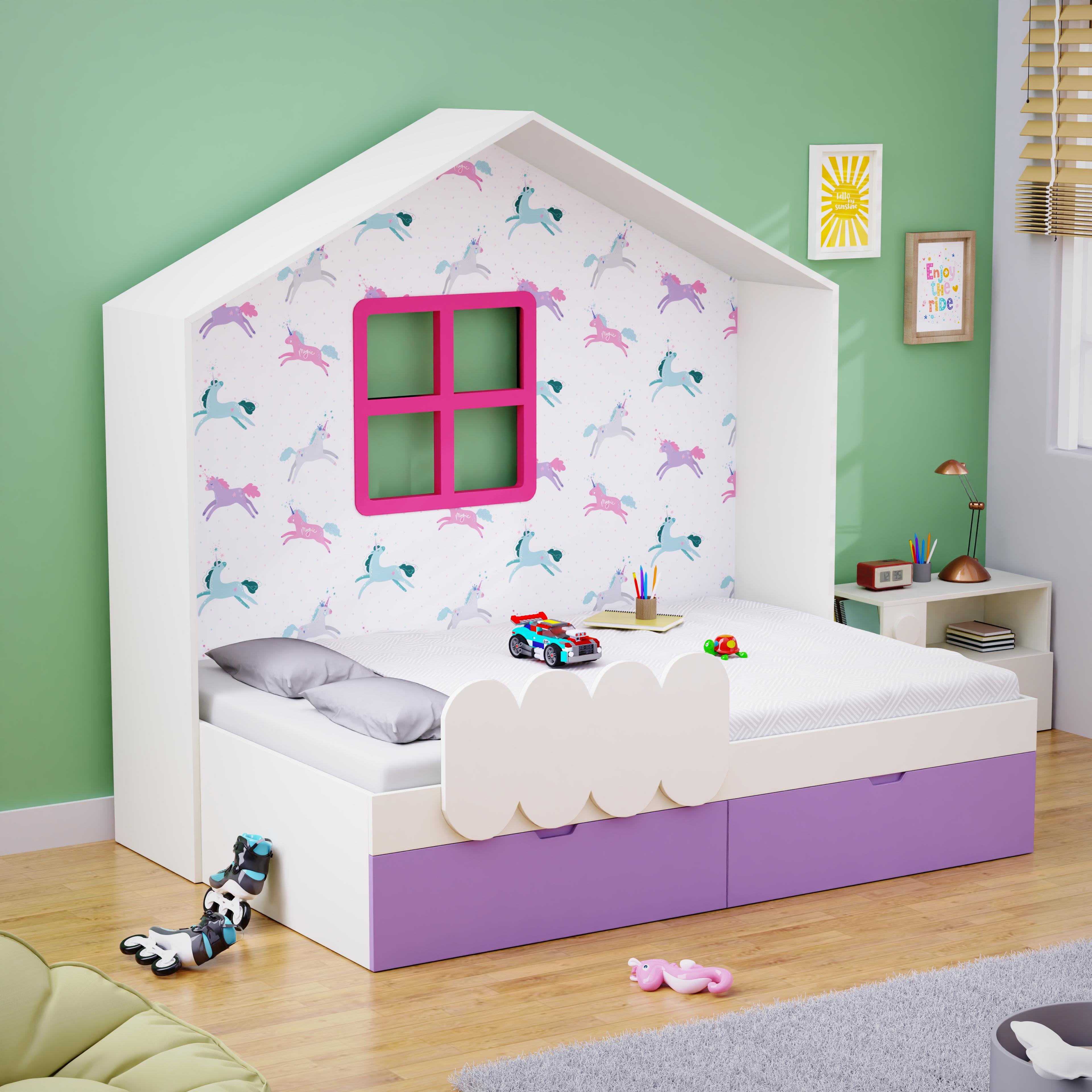 Little Hut Bed  6X3 ( Drawers On Wheels) In White & Purple Colour