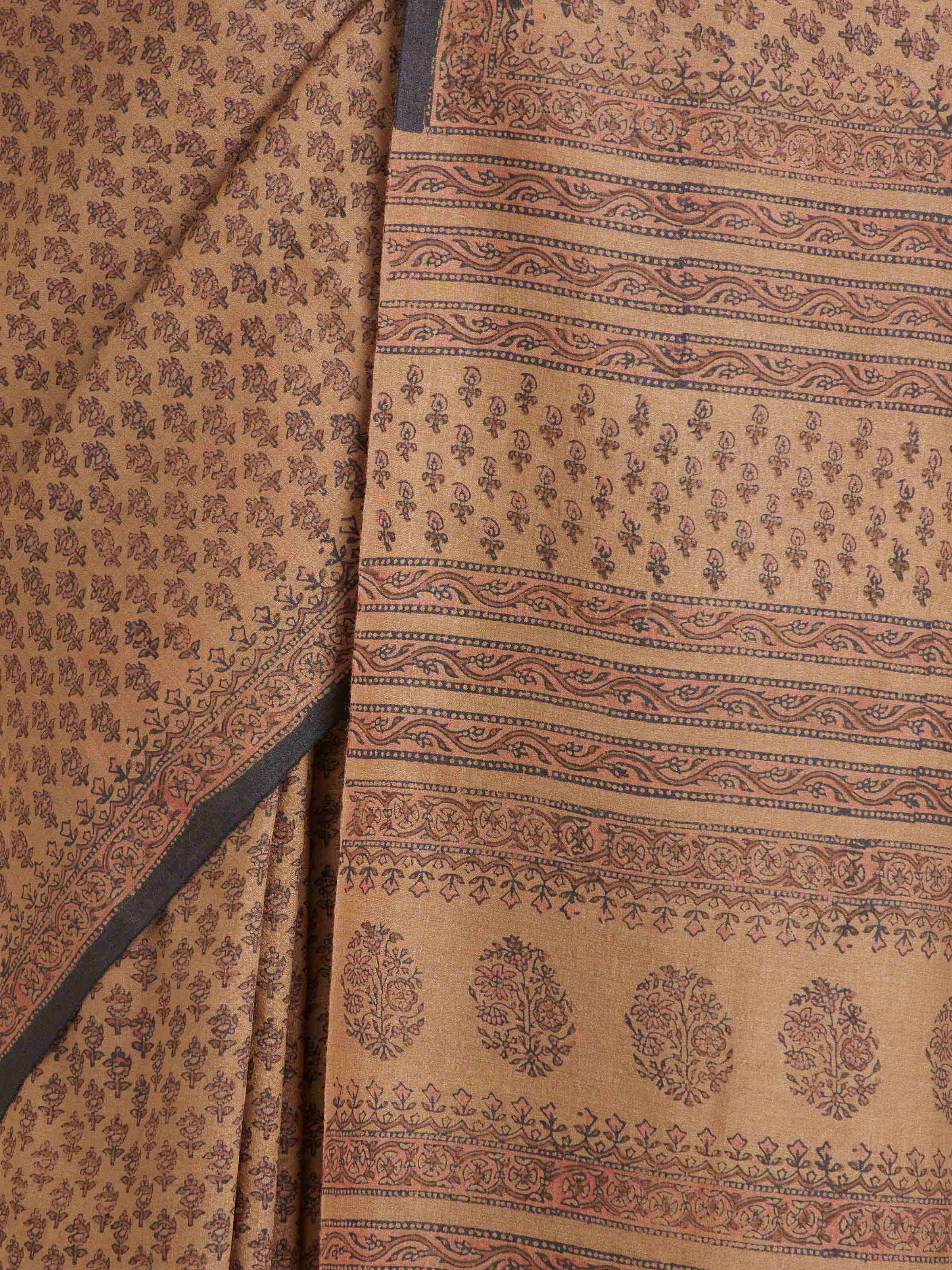 Beige Tussar Muga Silk Bagru Block Printed Saree