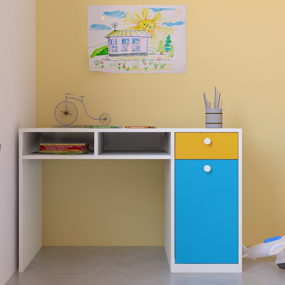 Alana Study Desk with Cabinet Drawer and Shelf in Mango Yellow Azure Blue Colour