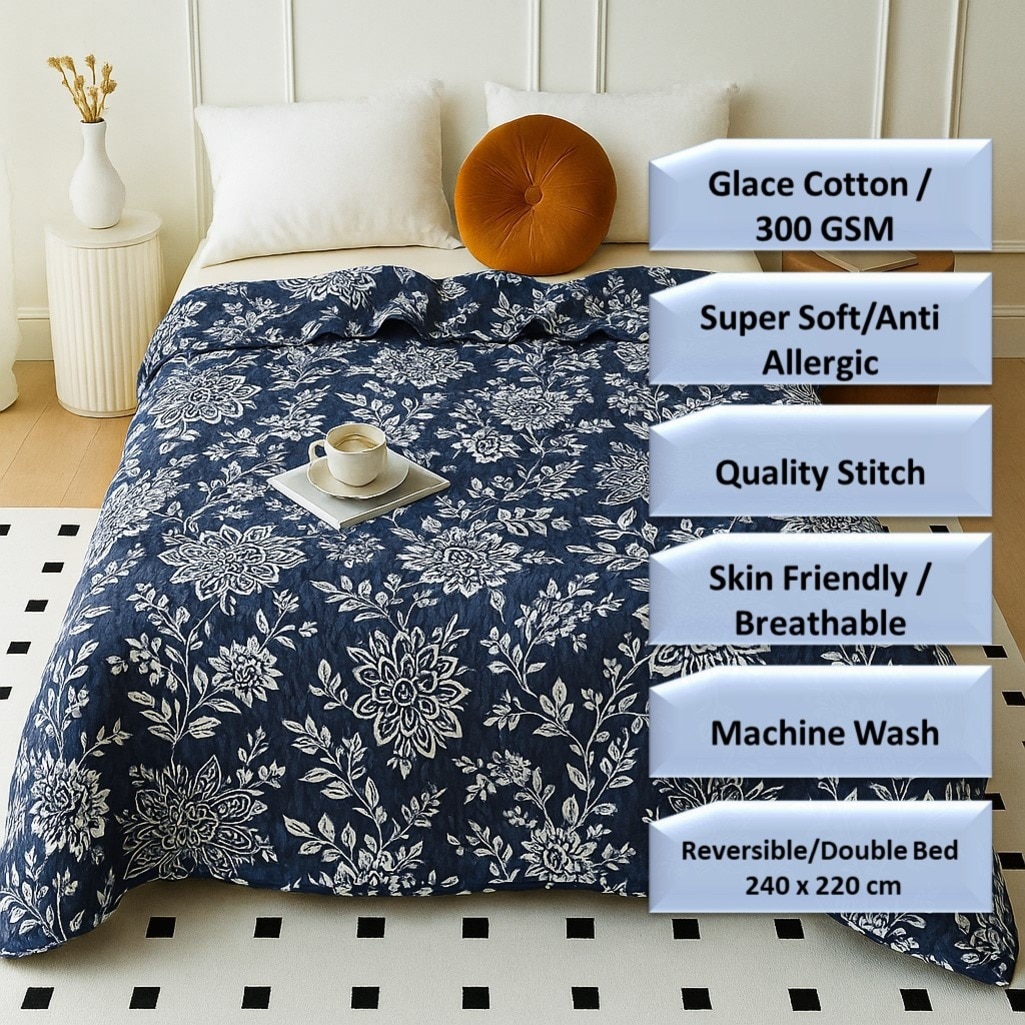 Blue Floral 300 Cms Cotton Double Bed Size Comforter From Threads