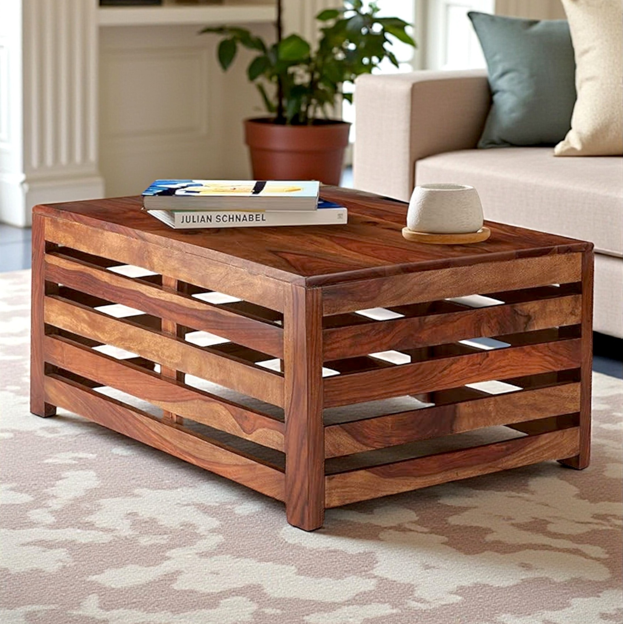 Erickson Sheesham Wood Contemporary Rectangle Coffee Table In Natural Teak Finish