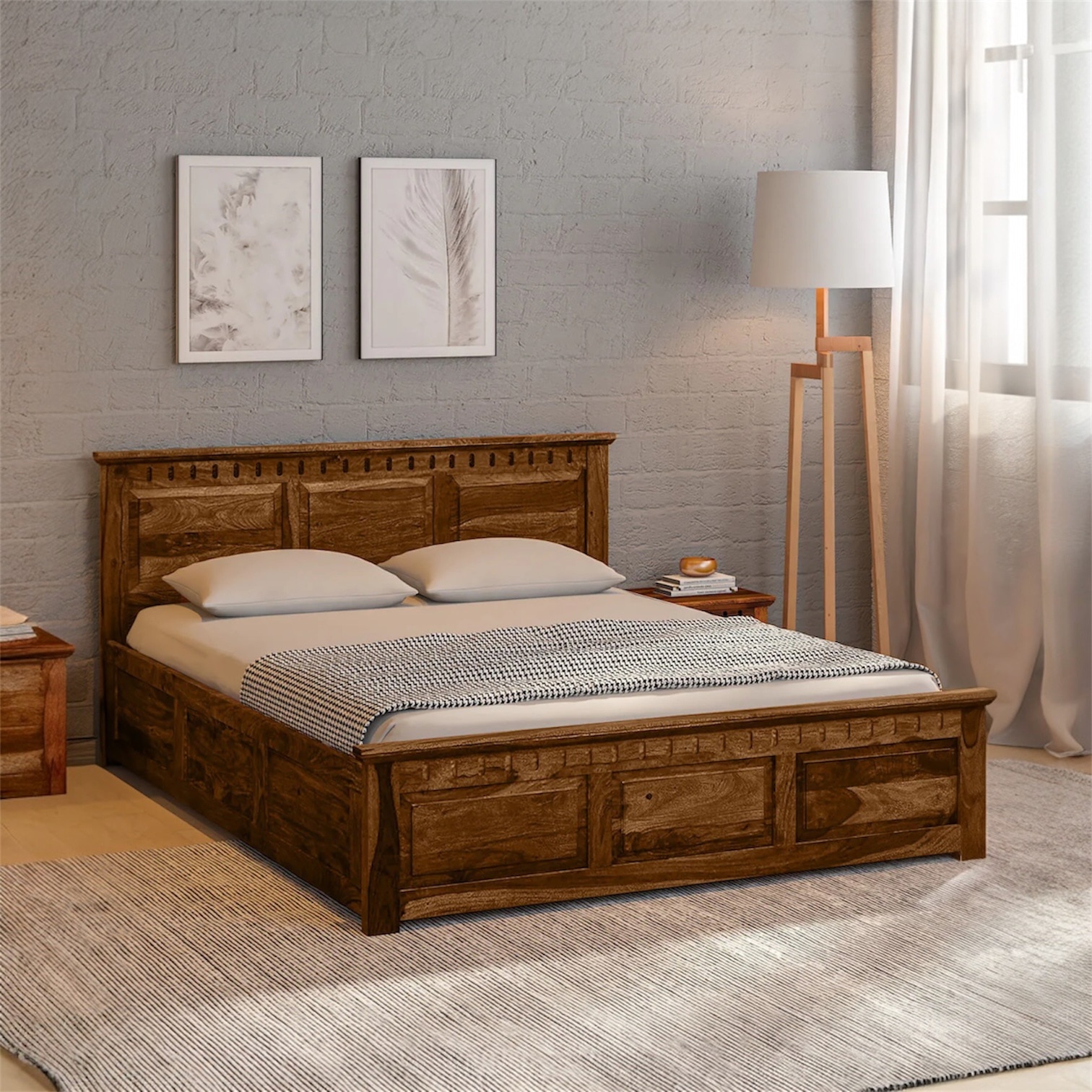 Zvya Solid Wood Queen  Size Bed With Box Storage (Provincial Teak Finish)