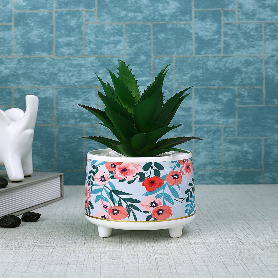 Attractive Aloe Vera Plant With Flowers Print Ceramic Pot