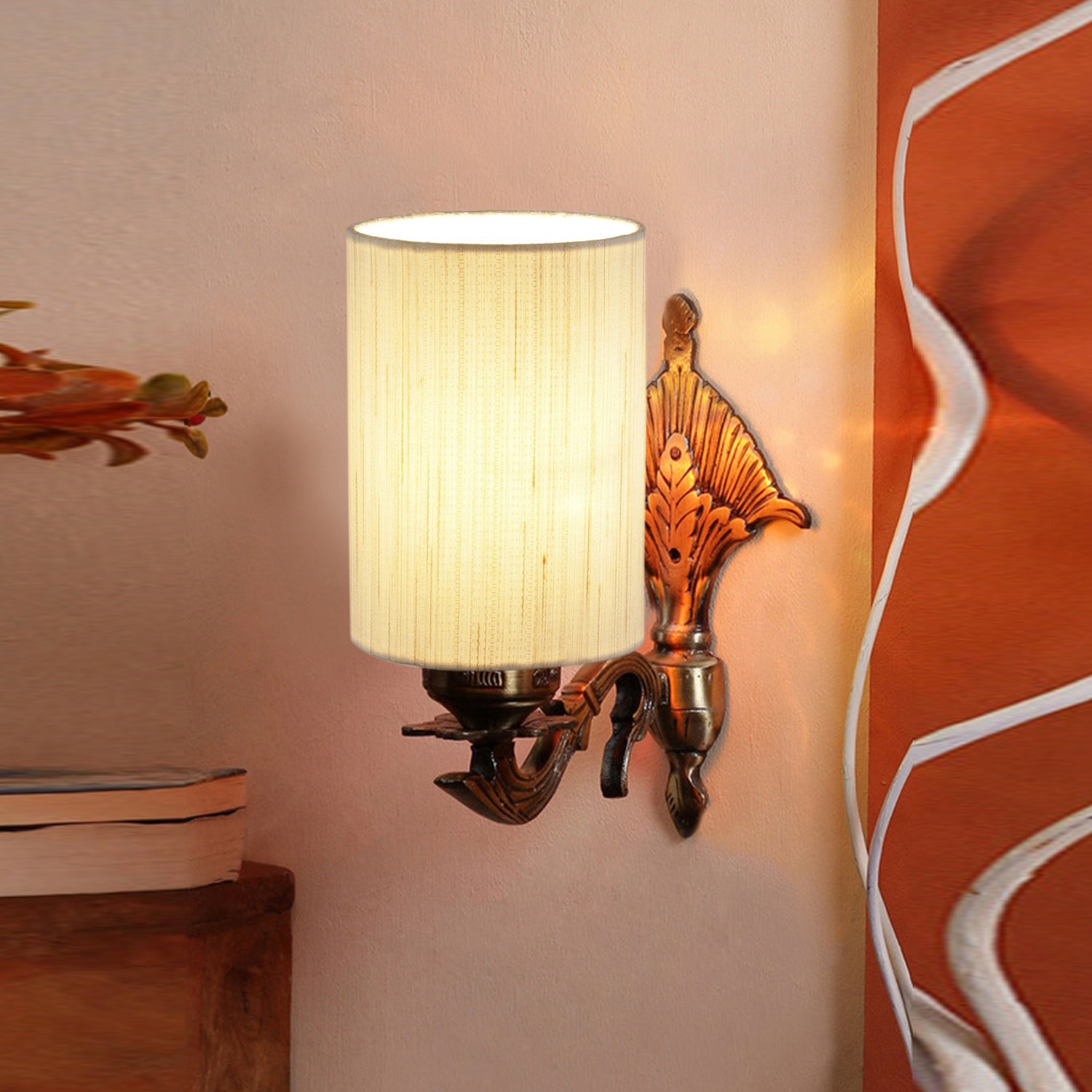 Devansh Metal Electric Wall Light in Antique Gold Colour with off-white Shade Count of 1 Light - Devansh