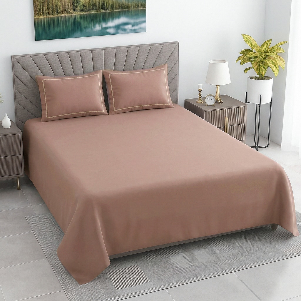 Odin Tan Shade Solid Plain 400 TC Cotton Satin Flat Super King Size Bedsheet with 2 Pillow Covers – Threads - Threads