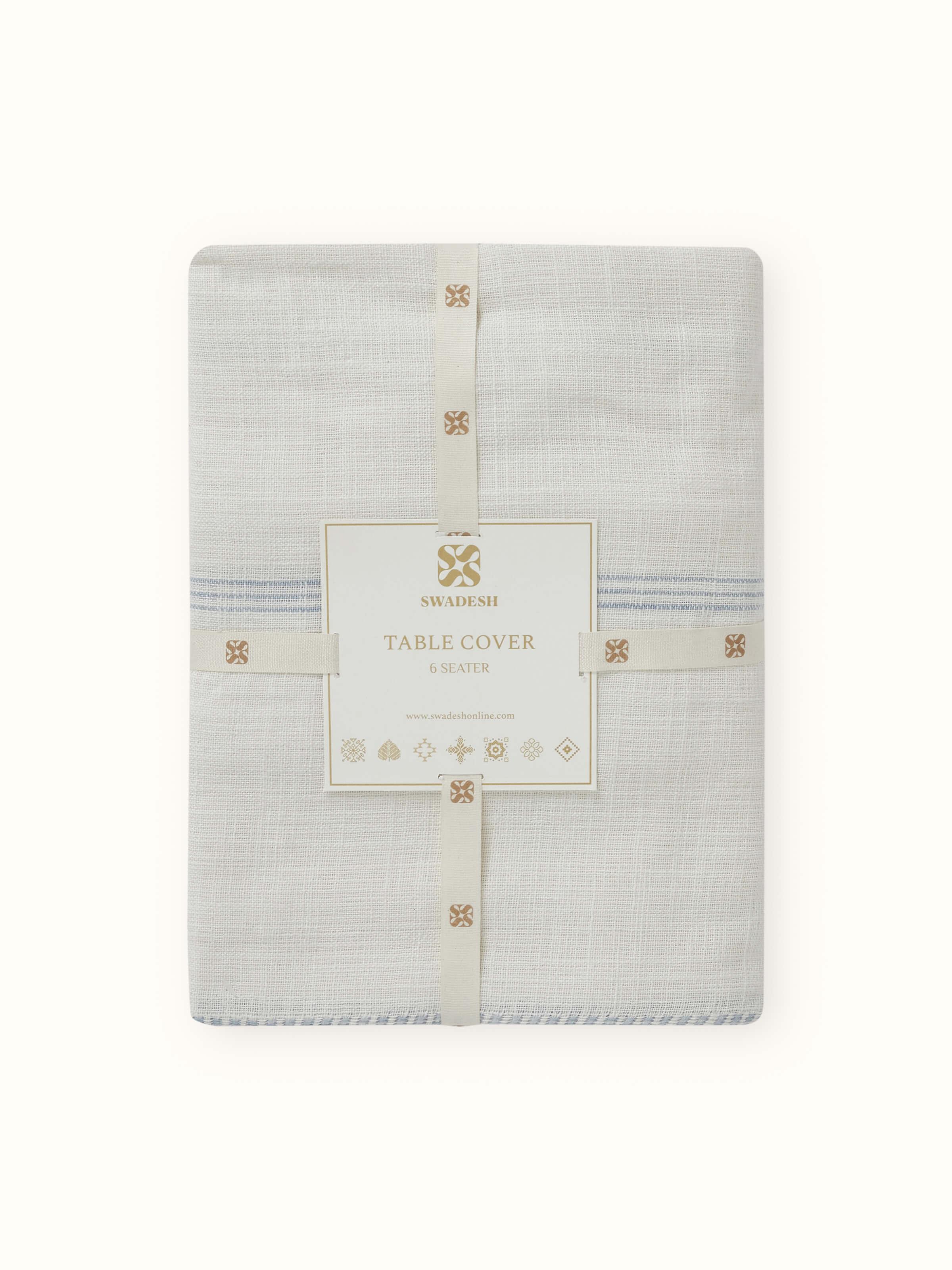 Detailed side view of Arth Light Blue Stripe Handloom Table Cover showcasing cotton fabric and stitching
