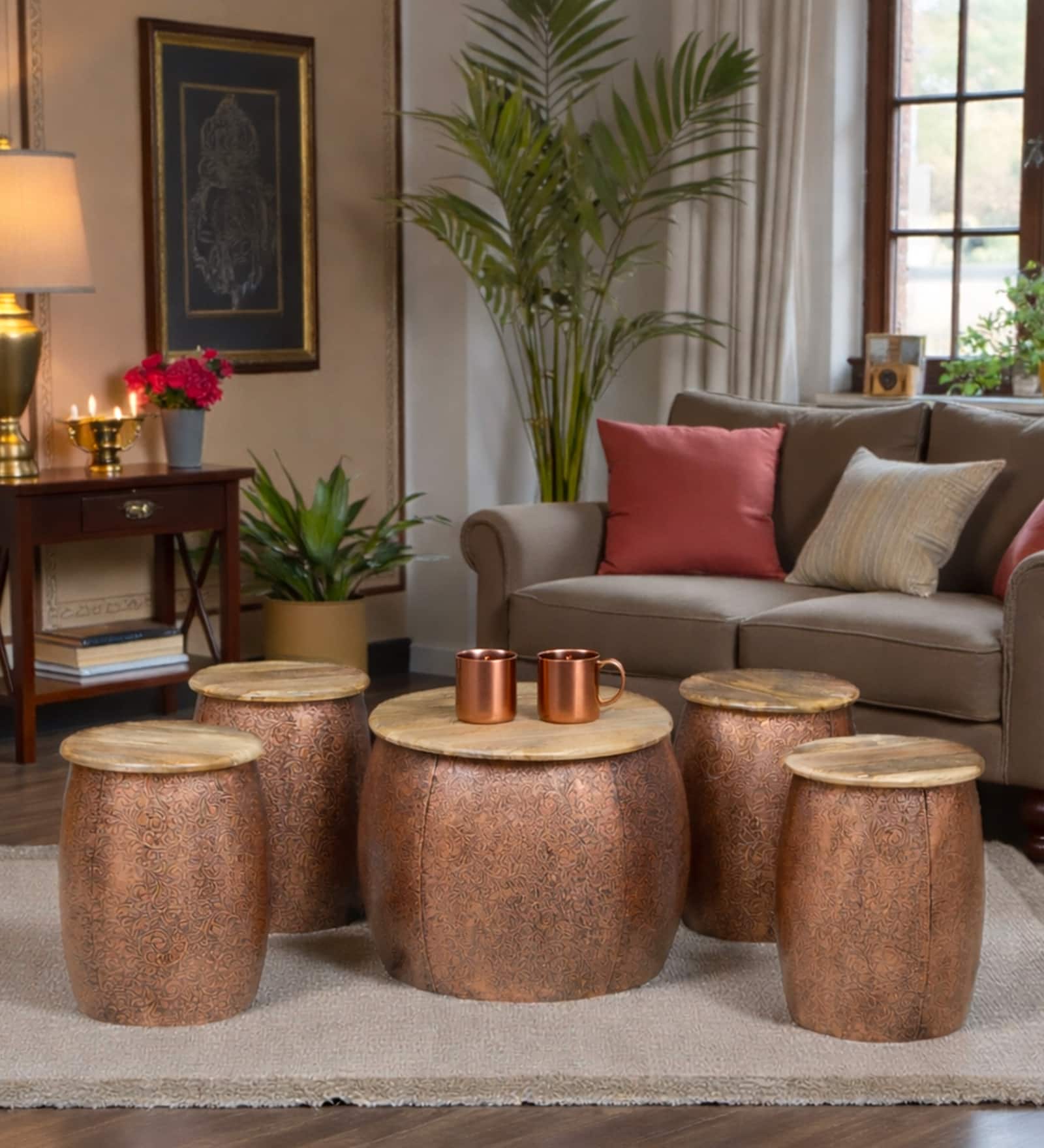 Heritage Drum Metal Coffee Table with 4 Stools in Copper Finish Set of 5 - Bhavya Exports