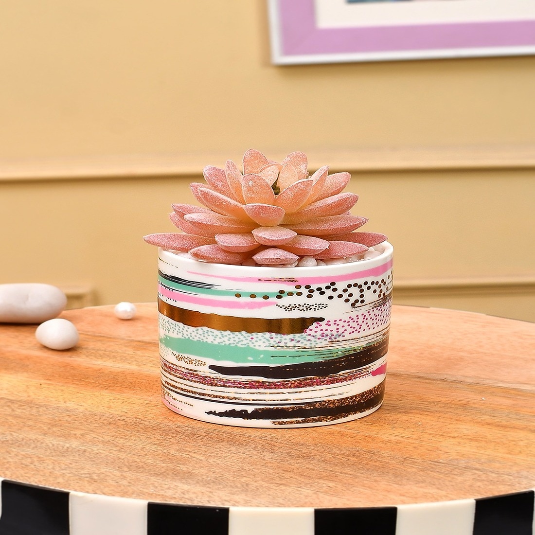 Sucullent Artificial Plant With Horizontal Multicolored Stripes Along With Pot