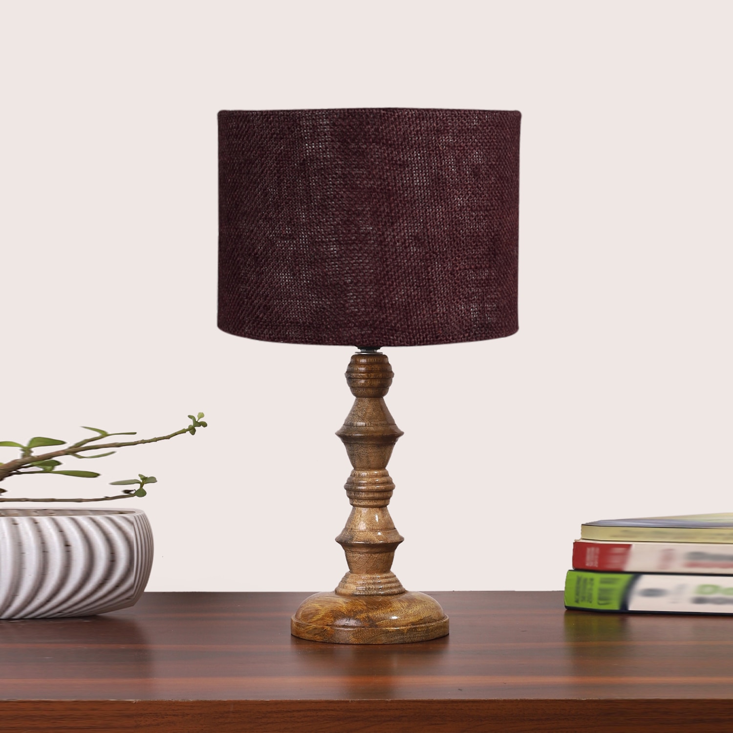 Devansh Brown Jute   Table Lamp With  Wood Natural Base (7X7X15.5 Inches)-17 - Devansh