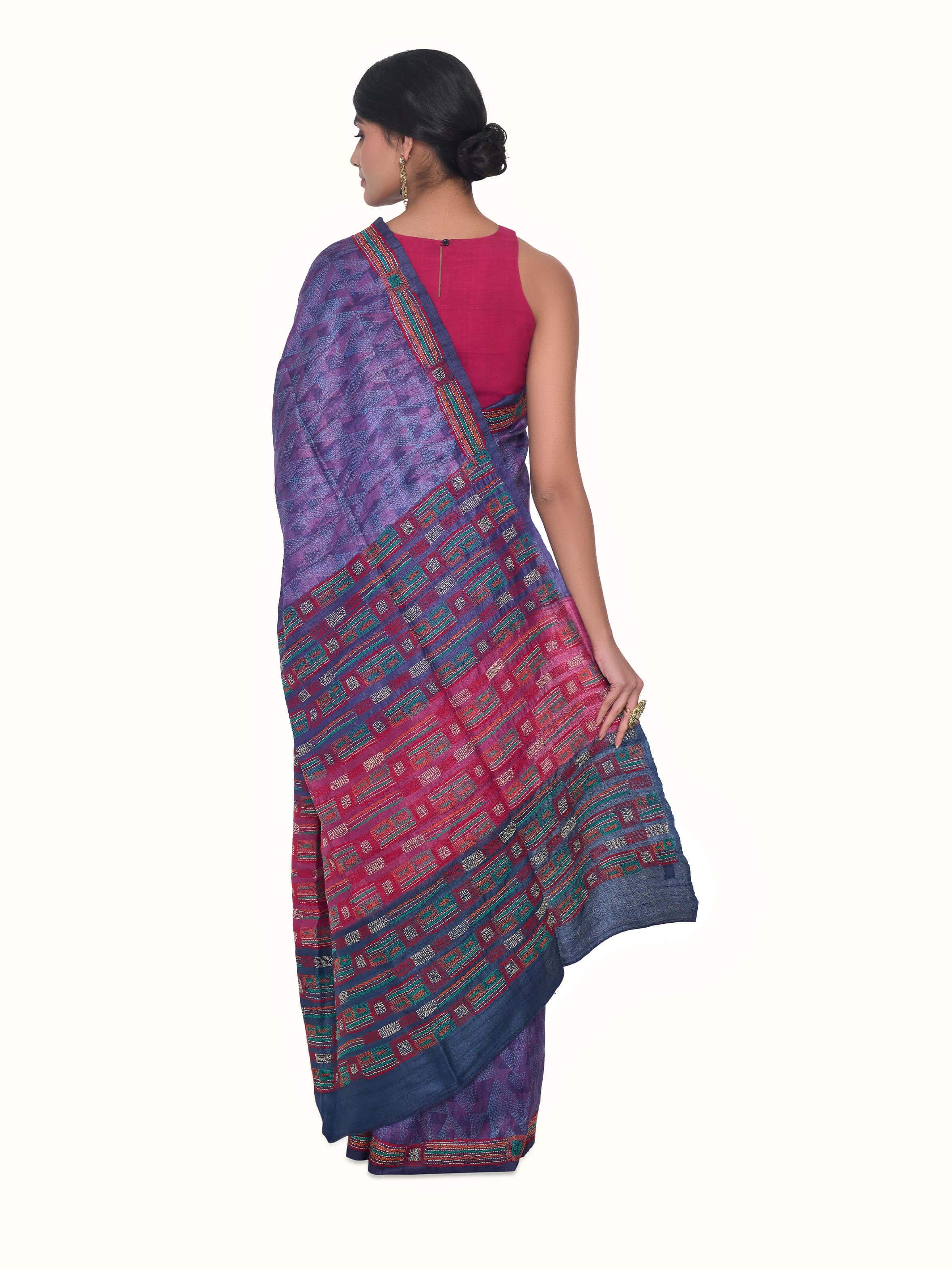 Purple Tussar Silk Discharge Block Printed Kantha Embroidered Saree