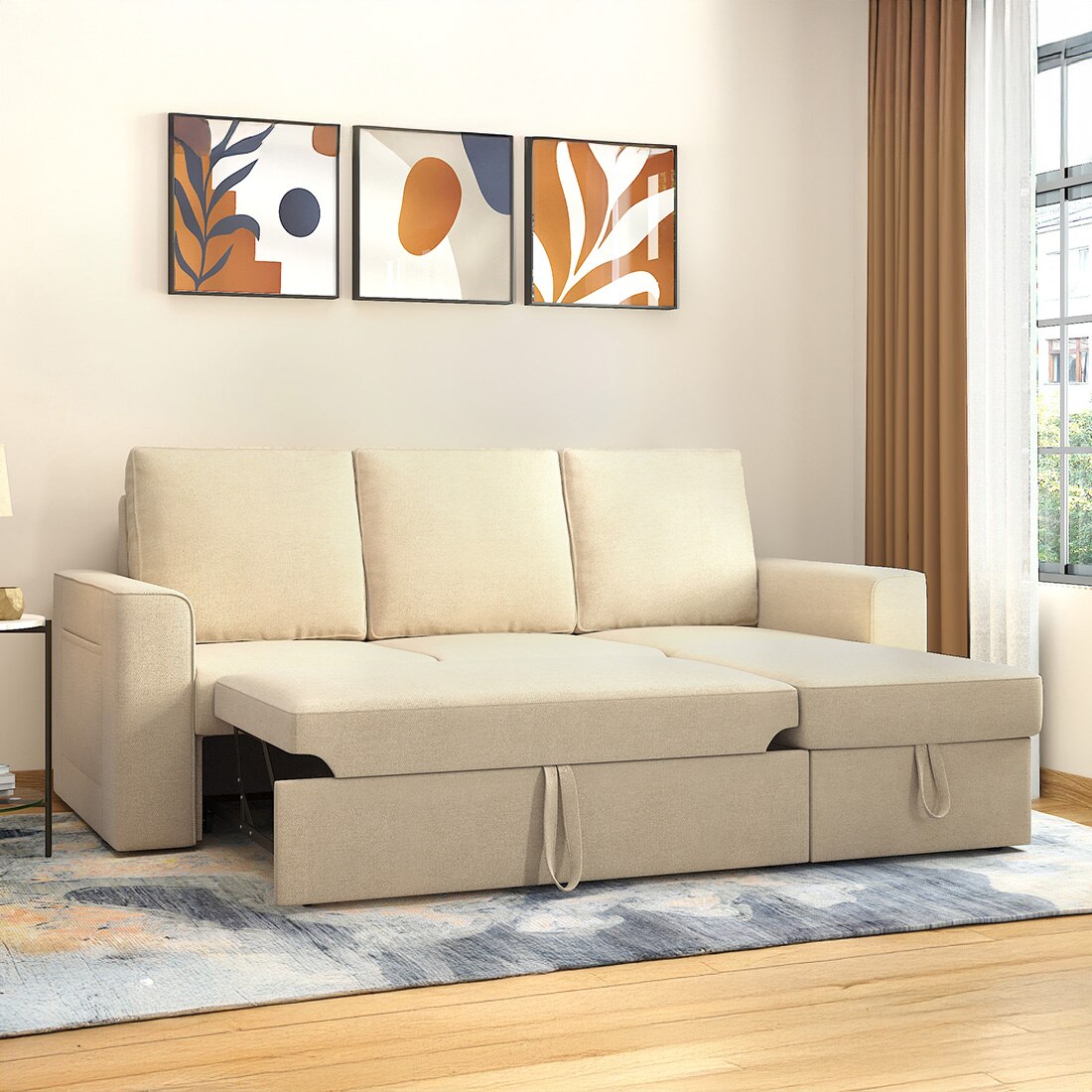 Kowloon Sectional Sofa Cum Bed with Storage in Sandshell Beige
