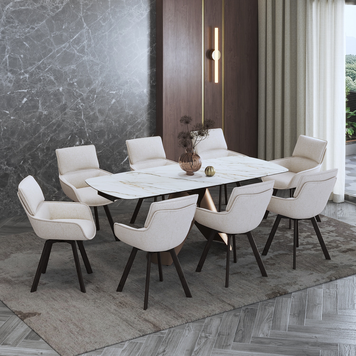 Aeris Ceramic 6 To 8 Seater Extendable Dining Table With 6 Bren Dining Chairs (Finish : Gilded White, Chair Colour : Ivory)