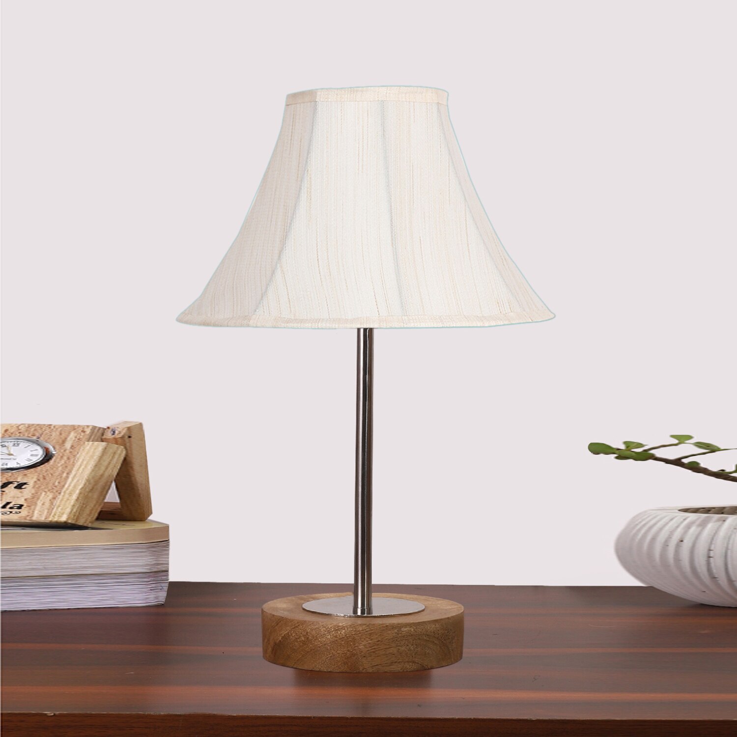 Devansh Off-White Cotton Vintage Lamp With Natural Wood Base & Steel Pipe (12X17.75)