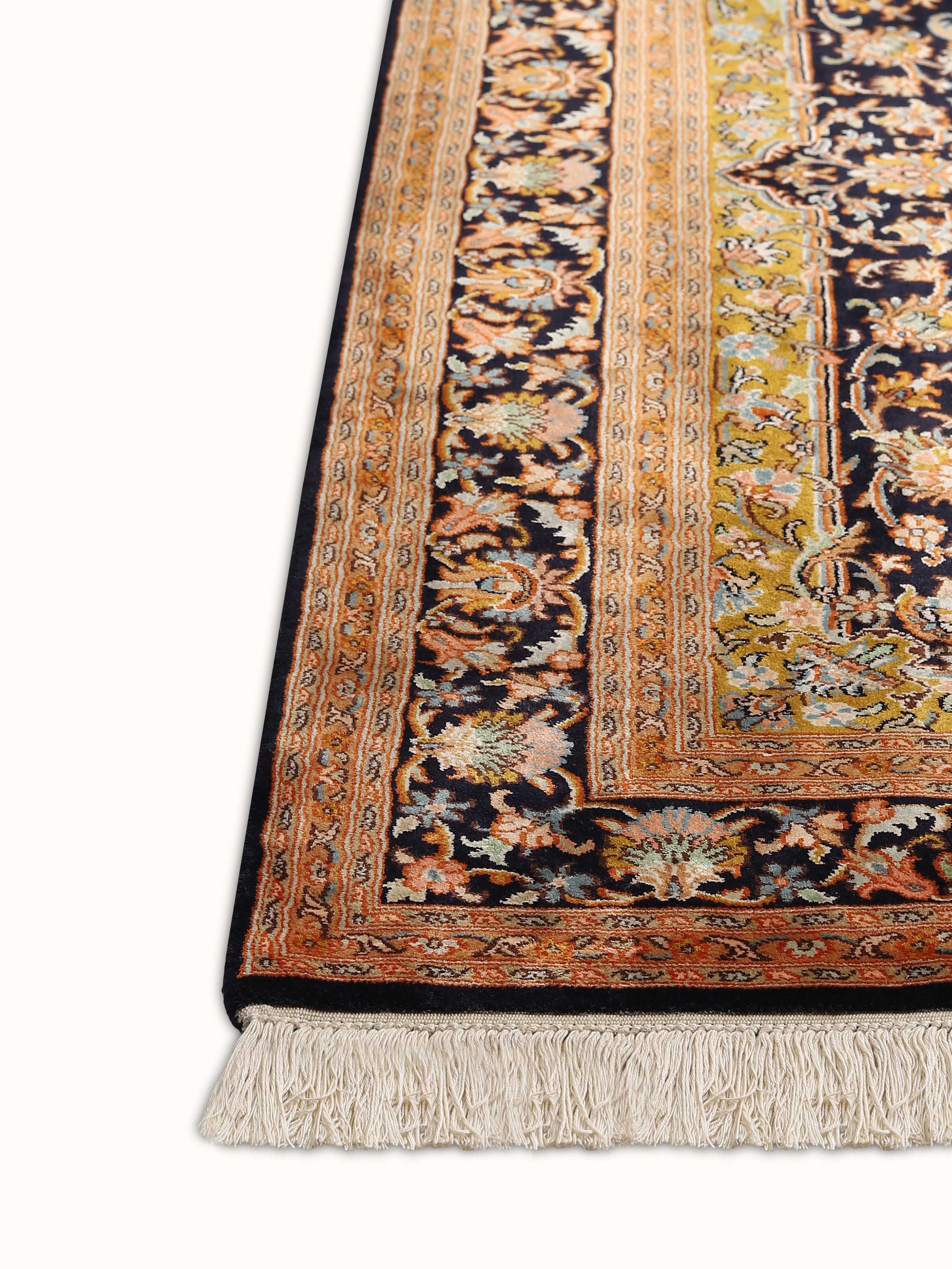 Traditional Persian Navy Blue Tabriz Kashmir Silk Hand-knotted Rug