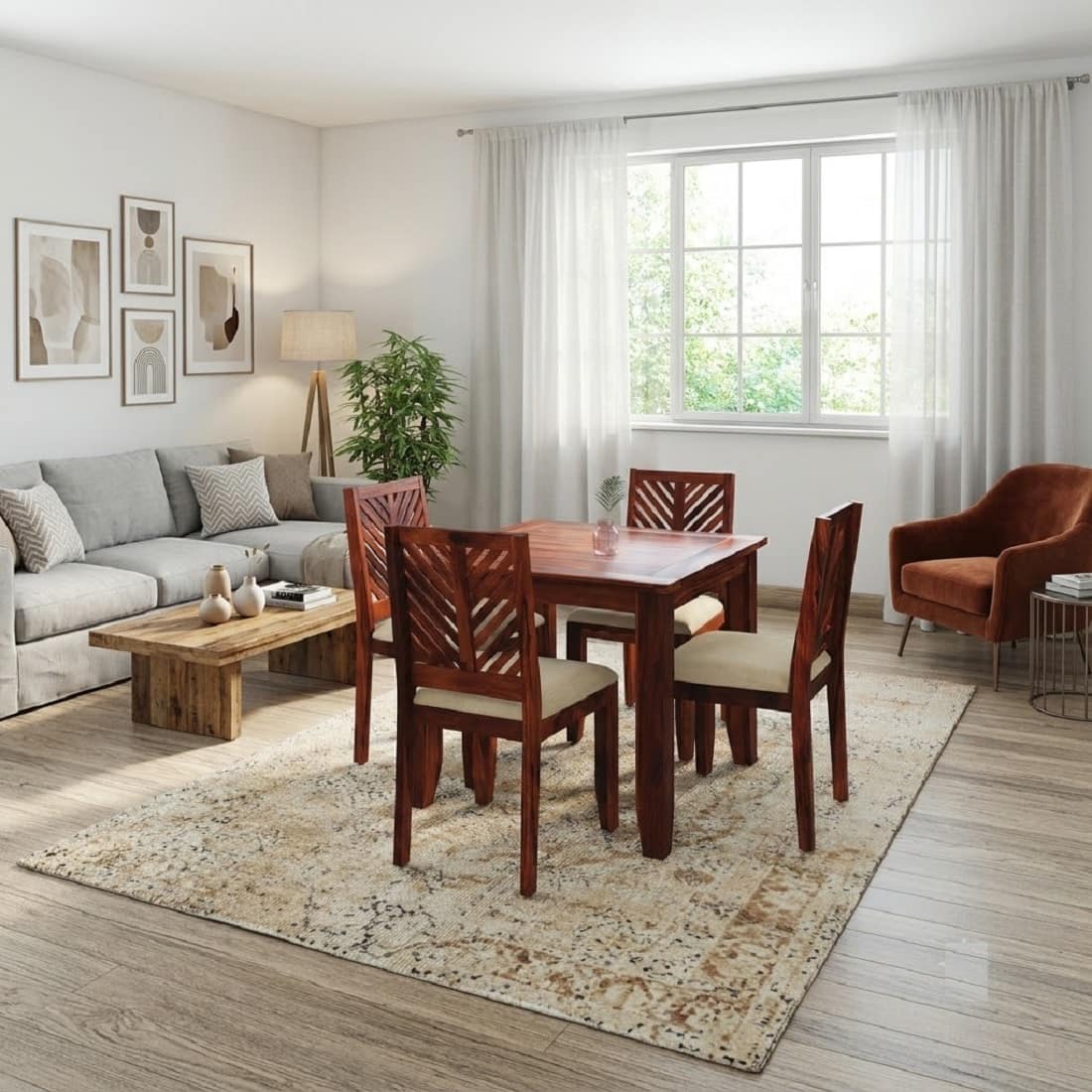 Elle Solid Shesham Wood 4 Seater Dining Set In Honey Oak Finish - Demiwall