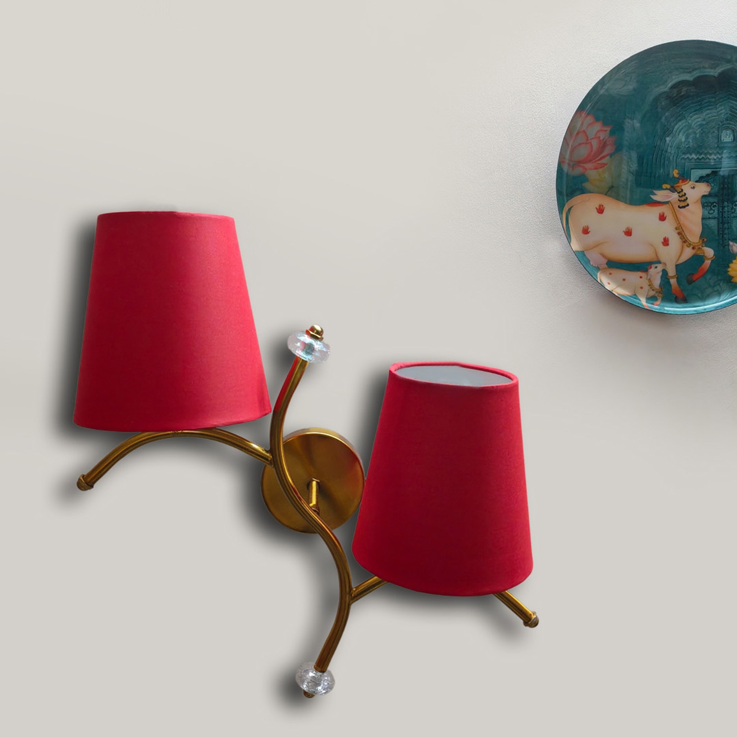 Devansh Metal Electric Wall Light in Gold Colour with Red Shade Count of 2 Lights - Devansh