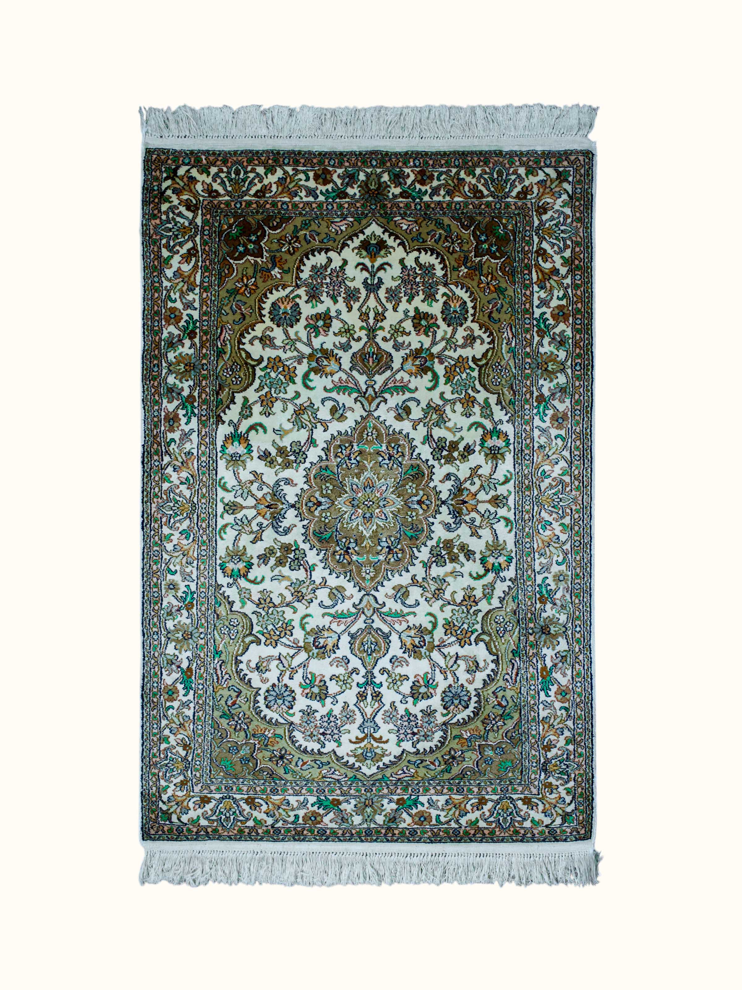 Front view of the Swadesh Traditional Persian Ivory Green Kashan Kashmir Silk Hand-Knotted Carpet