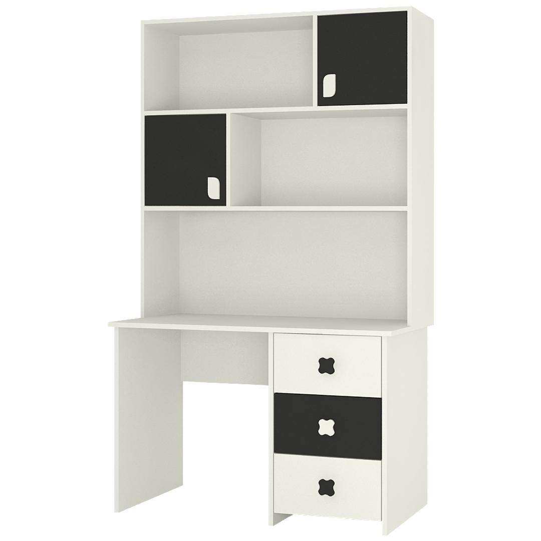 Flora Study Desk cum Bookshelf with Shuttered Cabinets Open Shelves and Drawers in Carbon Black Colour