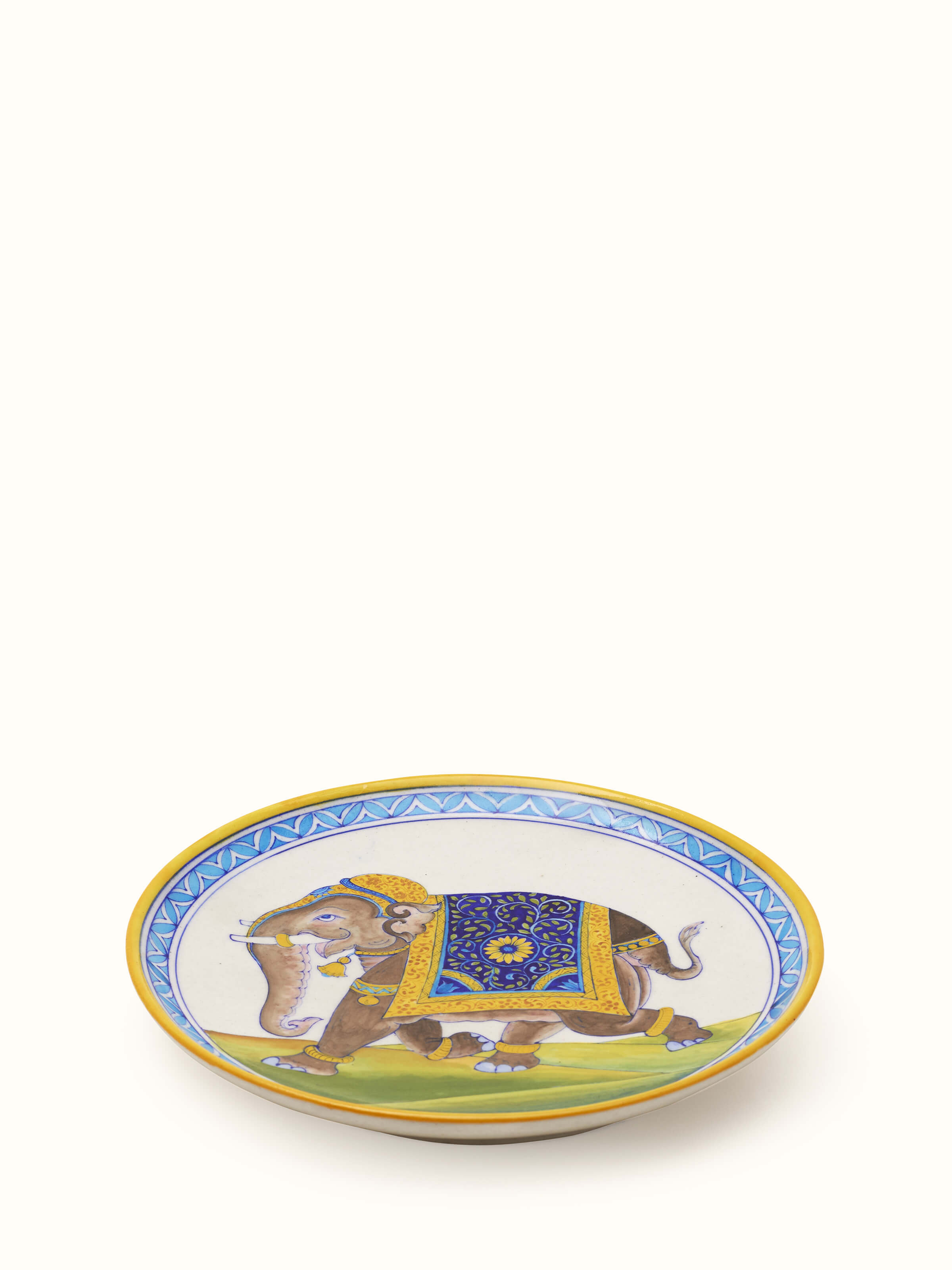Side view of Blue pottery Rajasthani warrior elephant display plate showcasing its depth and craftsmanship