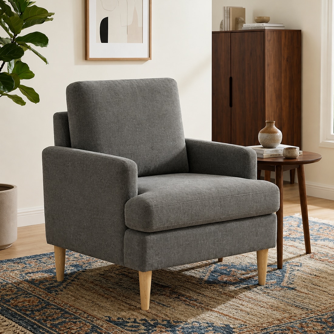 Oliver Boucle Fabric Lounge Chair in Grey Colour - KURSIWALLAH
